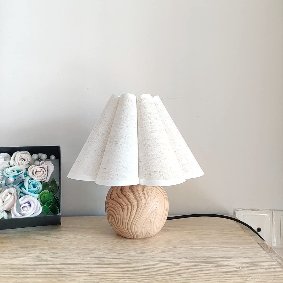AVEO Wood Table Lamp with 3 Color Lighting - Korean Style White Linen Round Bedside Lamp for Home & Bedroom Decor - Perfect for Reading, Nightstand Lighting, and Cozy Bedroom Ambience