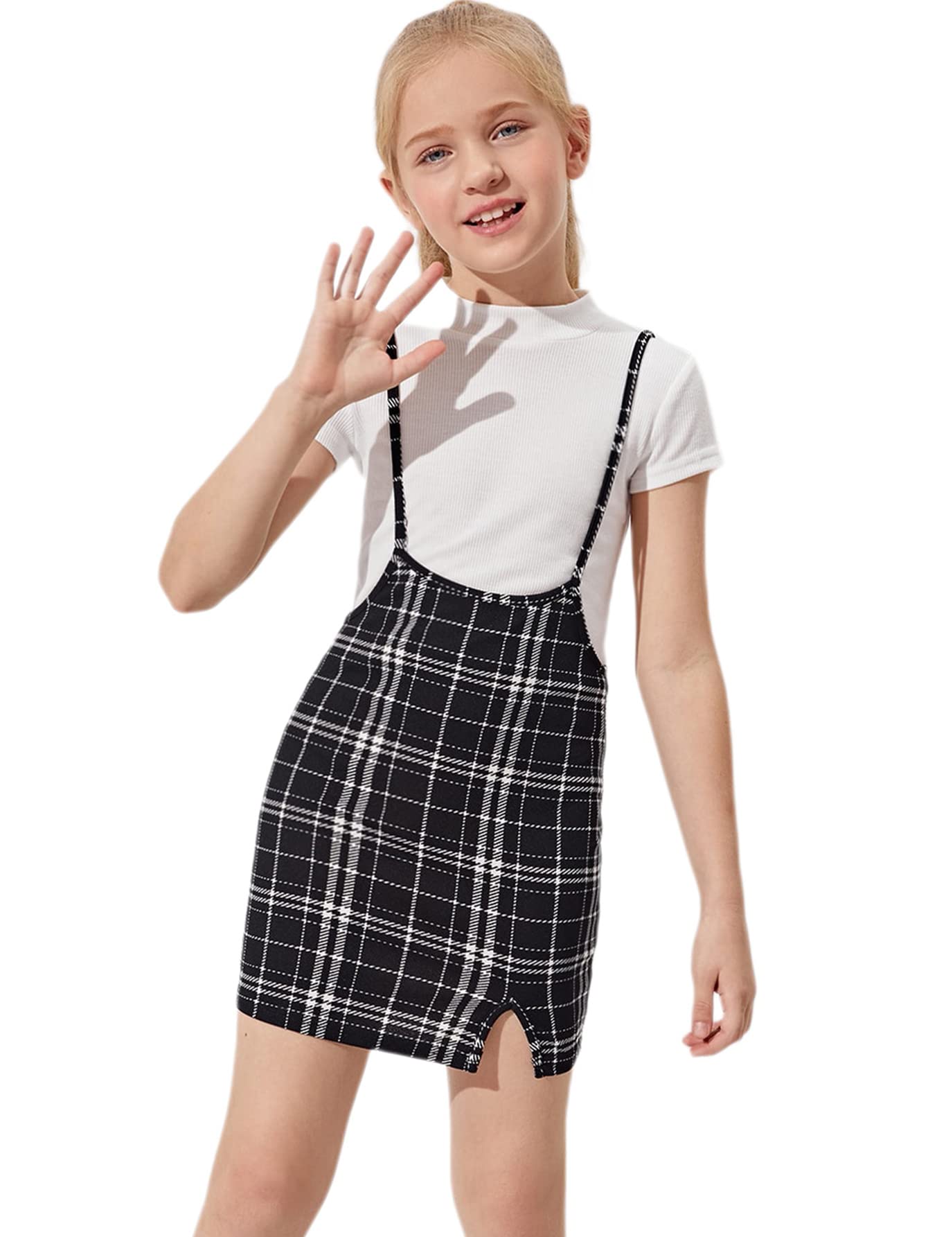 SOLY HUX Girls Plaid Spaghetti Strap High Waist Split Hem Suspender Jumpsuit Dress - Cute Outfit for School, Party & Casual Wear