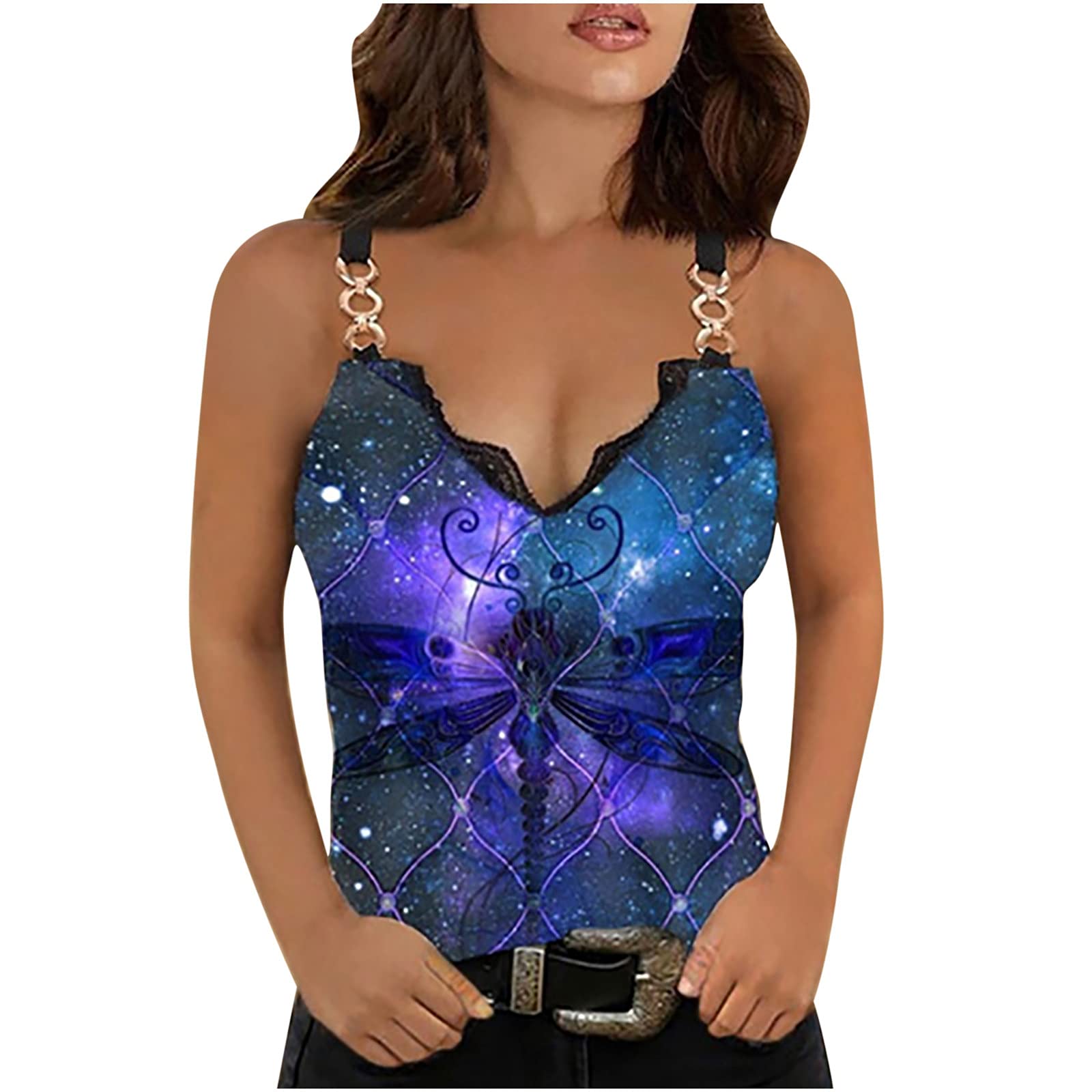 Women's Loose Fit V-Neck Zipper Tank Tops - Casual Sleeveless Printed Camisole with Metal Rings | Lightweight Summer Blouse for Going Out, Beach Wear & Daily Fashion