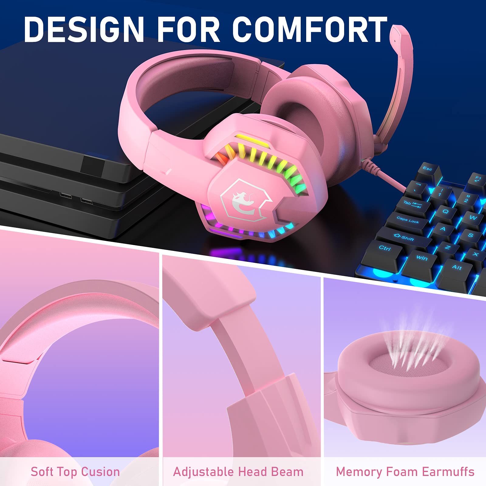 Wired Gaming Headset with RGB Backlight, Noise-Canceling Mic & Deep Bass - Over-Ear Headphones with Memory Foam for PS5, Xbox Series X, PC, Mac - Perfect for FPS Gaming & Streaming (Pink)