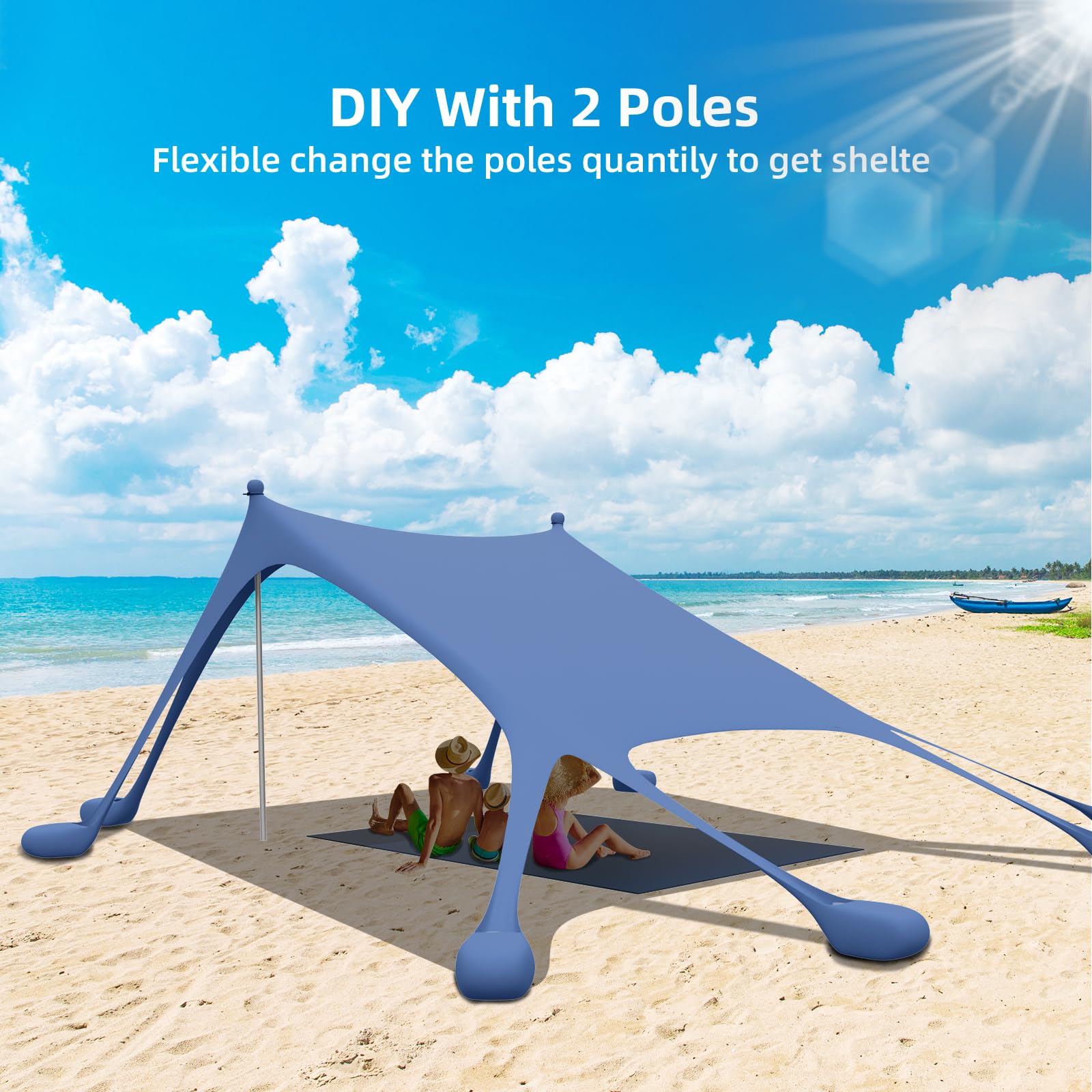 UPF50+ Beach Tent & Sun Shelter with Beach Mat, 2 Sand Shovels, 8 Sandbags, Ground Pegs & Stability Poles - Portable Outdoor Canopy for Camping, Fishing, Picnics, Beach Days & Family Outings (Navy Blue)