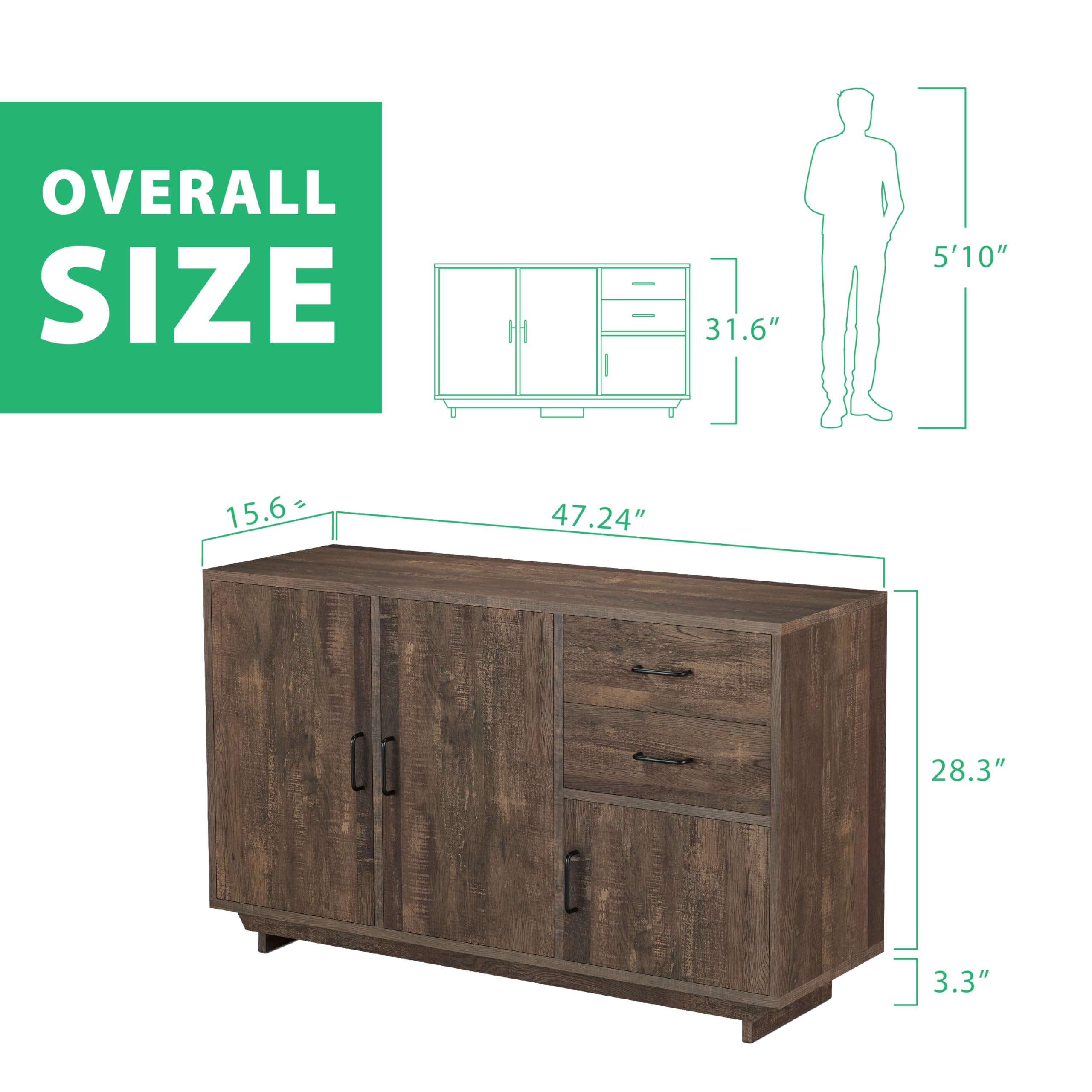 HOMES: Inside + Out Finn Wood Buffet Table - Rustic Reclaimed Oak Kitchen Storage Cabinet with Doors & Shelves, Industrial Sideboard for Entryway, Dining Room & Living Room - Perfect for Home Organization & Farmhouse Decor
