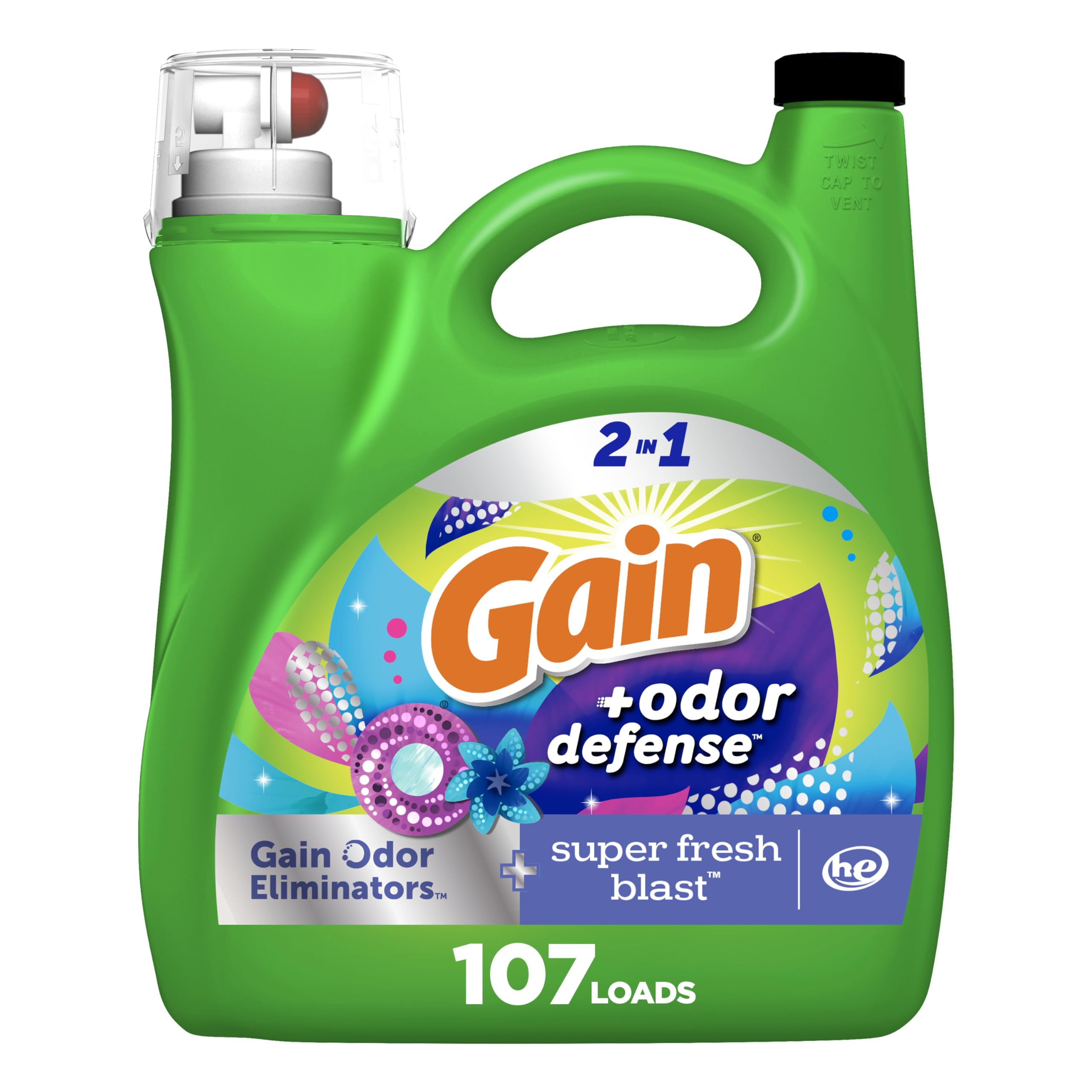 Gain + Odor Defense Liquid Laundry Detergent - Super Fresh Blast Scent, HE Compatible (107 Loads, 154 fl oz) | High-Efficiency Laundry Detergent for Fresh & Clean Clothes | Perfect for Gym Wear, Sports Gear & Family Laundry