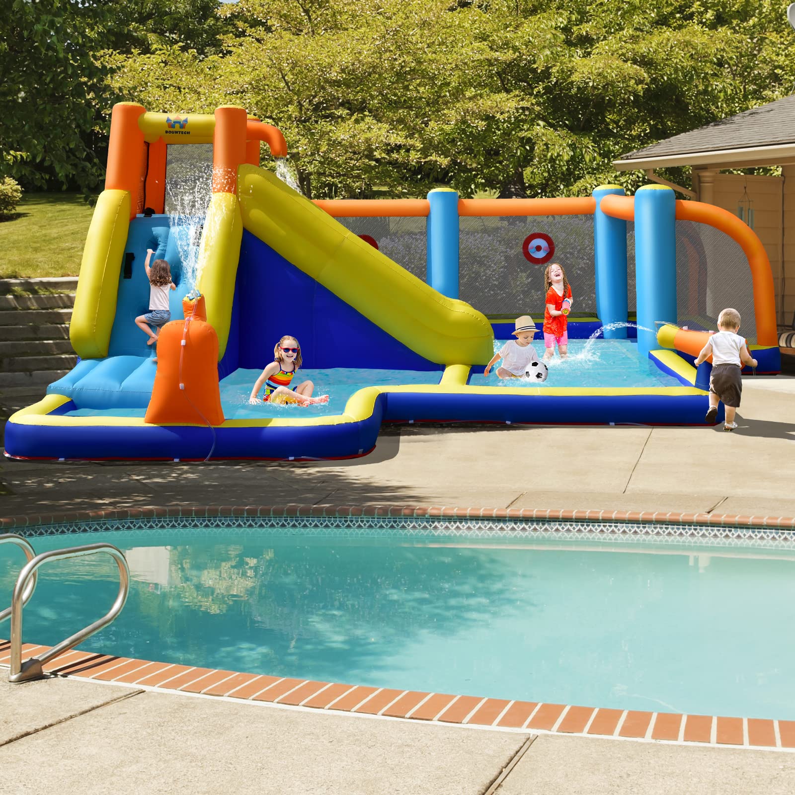BOUNTECH 15x16.5FT Inflatable Water Slide with Splash Pool & Climbing Wall - 7-in-1 Mega Water Soccer Park for Outdoor Fun | Perfect for Backyard Parties, Summer Games, Kids Birthday Gifts & Family Water Activities