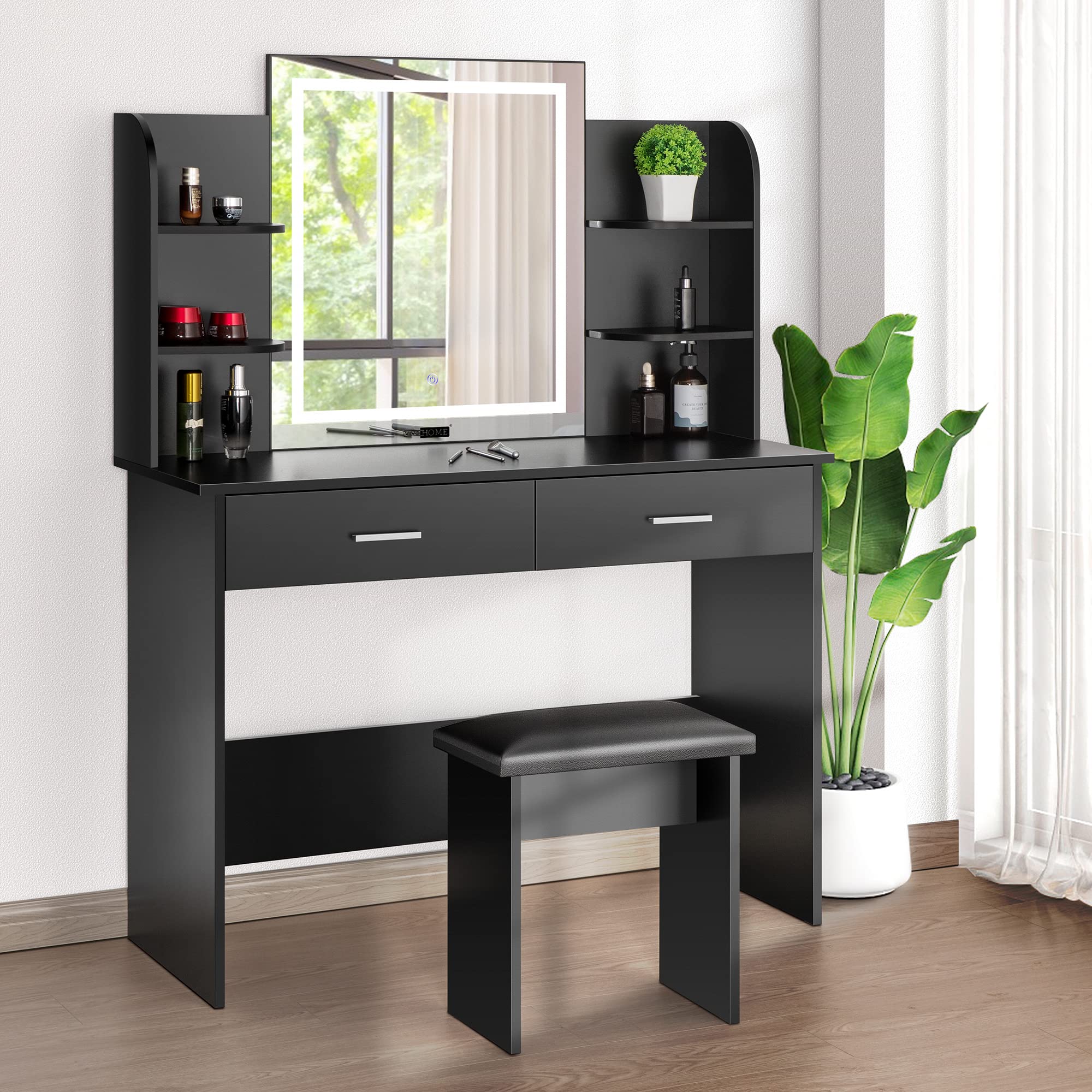 VIVOHOME Black Makeup Vanity Table Set with 3-Color Dimmable LED Mirror, 6 Storage Shelves & 2 Drawers, Includes Cushioned Stool - Perfect for Bedroom, Dressing Room & Beauty Salon Organization