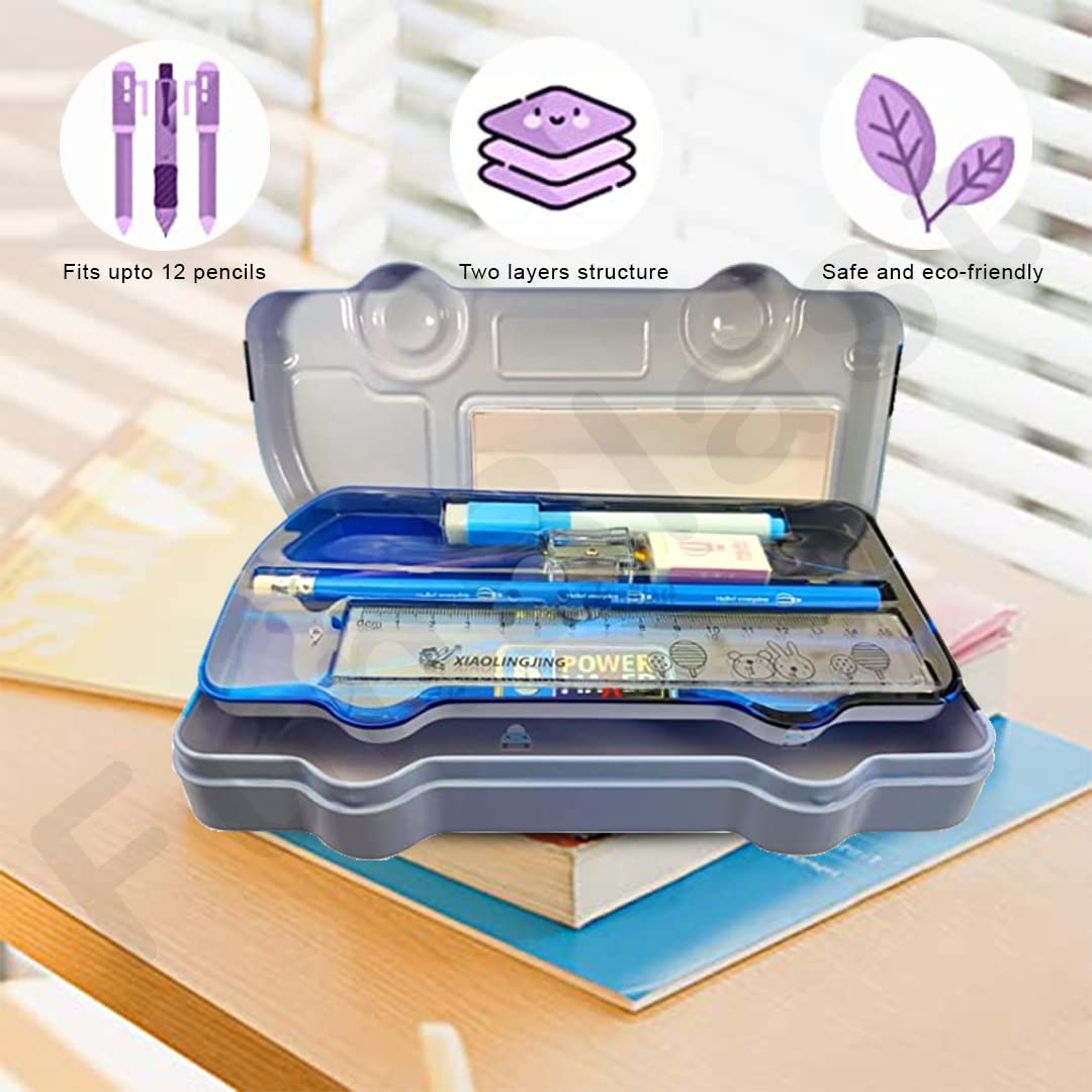 FunBlast Double Layer Metal Pencil Box Set for Kids - Includes Pencils, Eraser & Sharpener - School Stationery Organizer Case - Perfect for Classroom, Homework & Birthday Gifts (Blue)