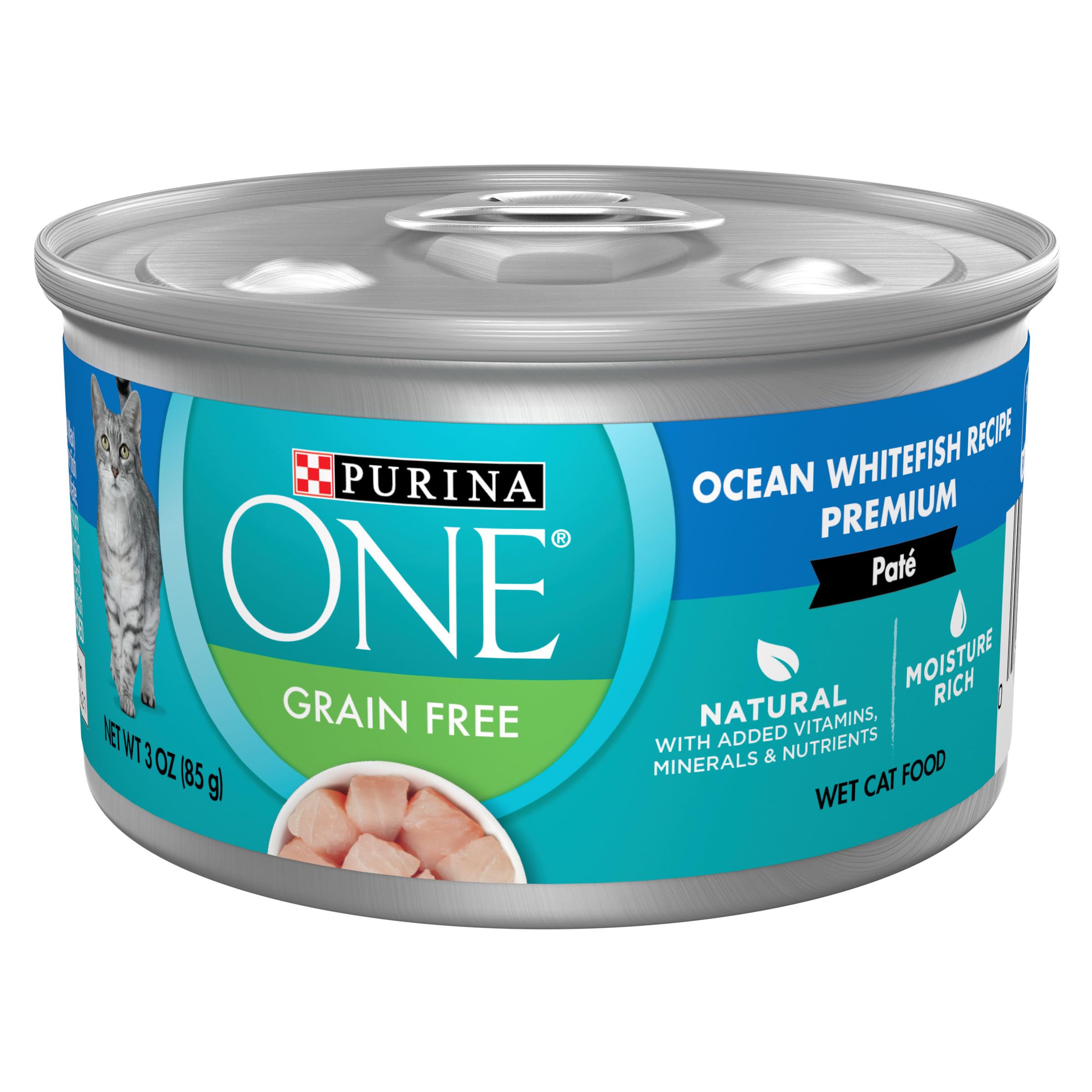 Purina ONE Grain Free Wet Cat Food - High Protein Ocean Whitefish Recipe Pate, 24 Pack of 3 oz Pull-Top Cans - Natural Nutrition for Indoor & Outdoor Cats - Perfect for Mealtime & Travel Feeding