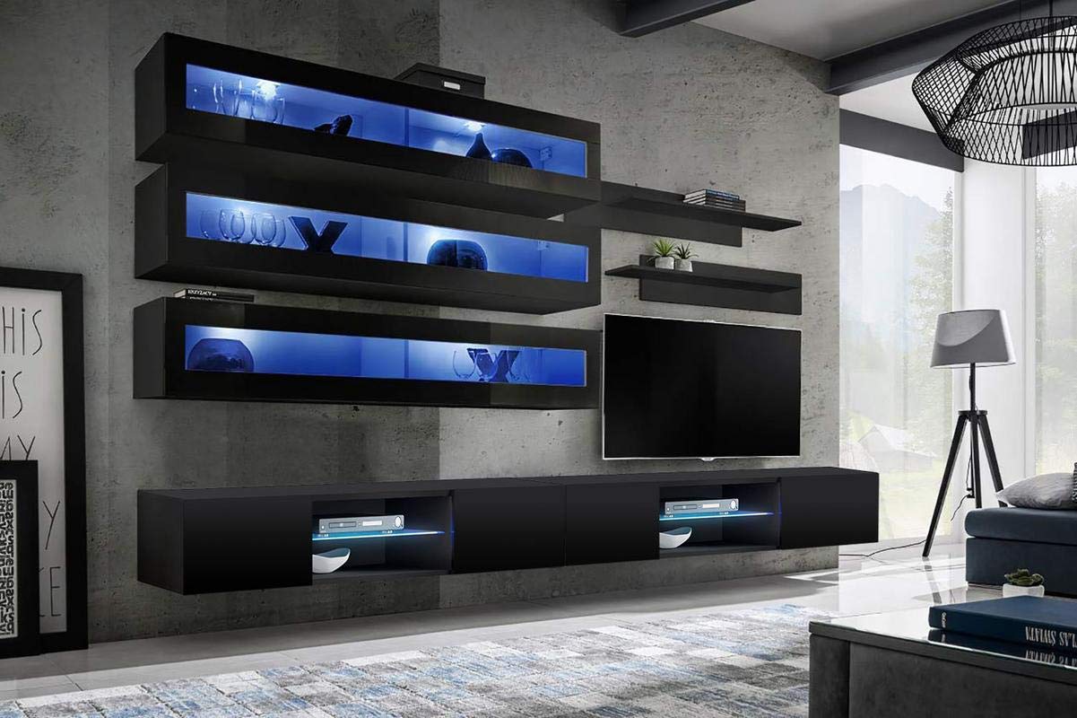 Modern Wall-Mounted TV Stand with Storage Shelves & LED Lights - 33