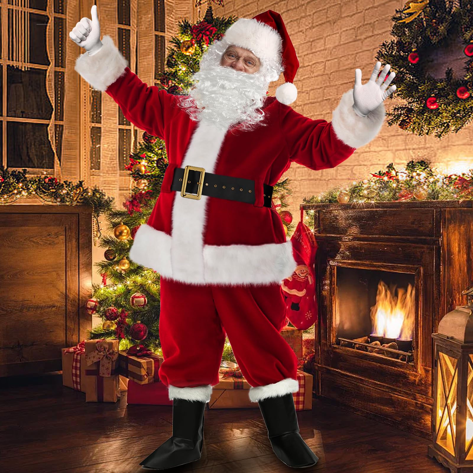 Men's Santa Claus Costume 9 Piece Set - Adult Christmas Santa Suit Outfit with Hat, Belt & Boot Covers for Holiday Parties & Festive Events