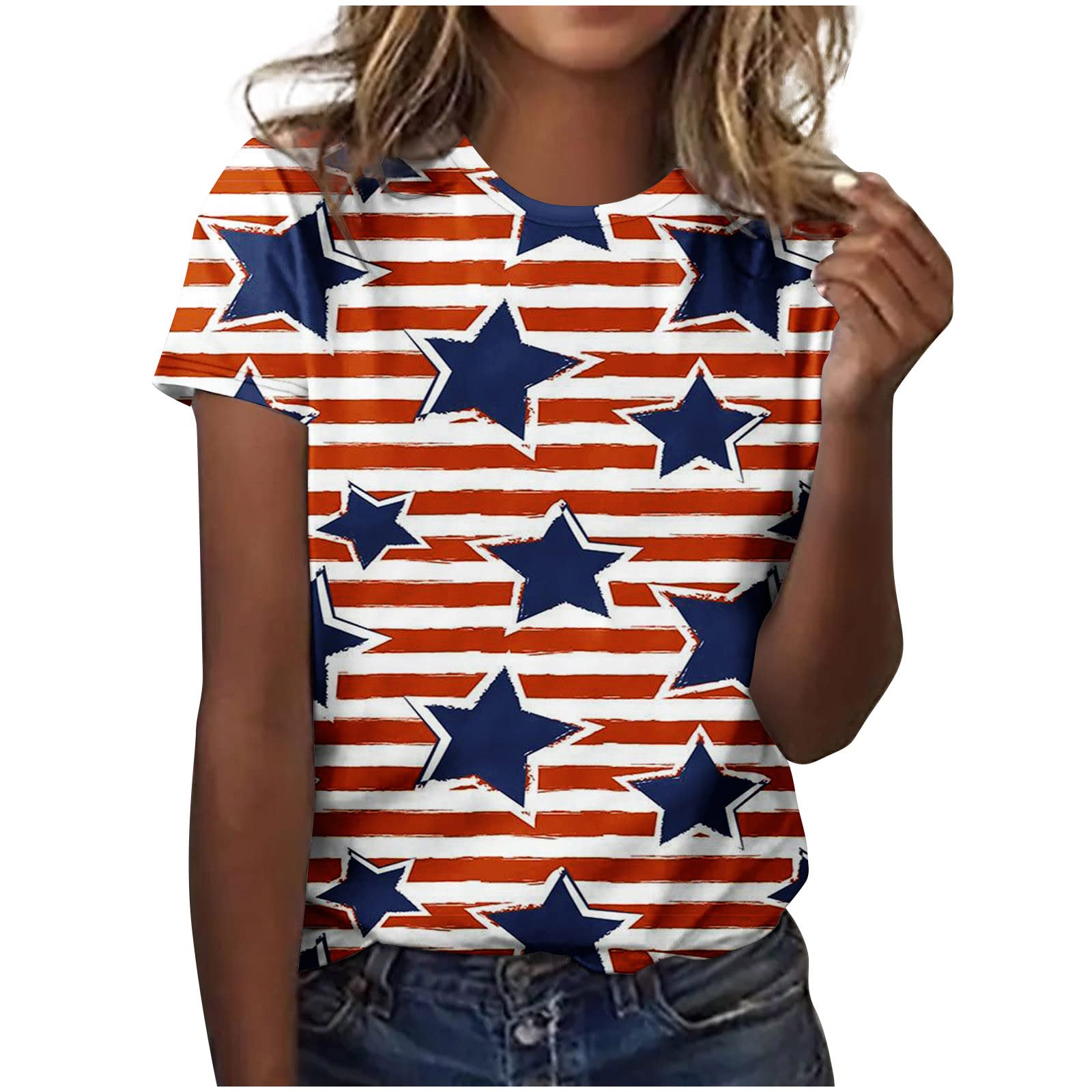 Women's Patriotic American Flag Print T-Shirt - Red White & Blue Short Sleeve Casual Top for Summer, Beach, Fourth of July & Independence Day Celebrations