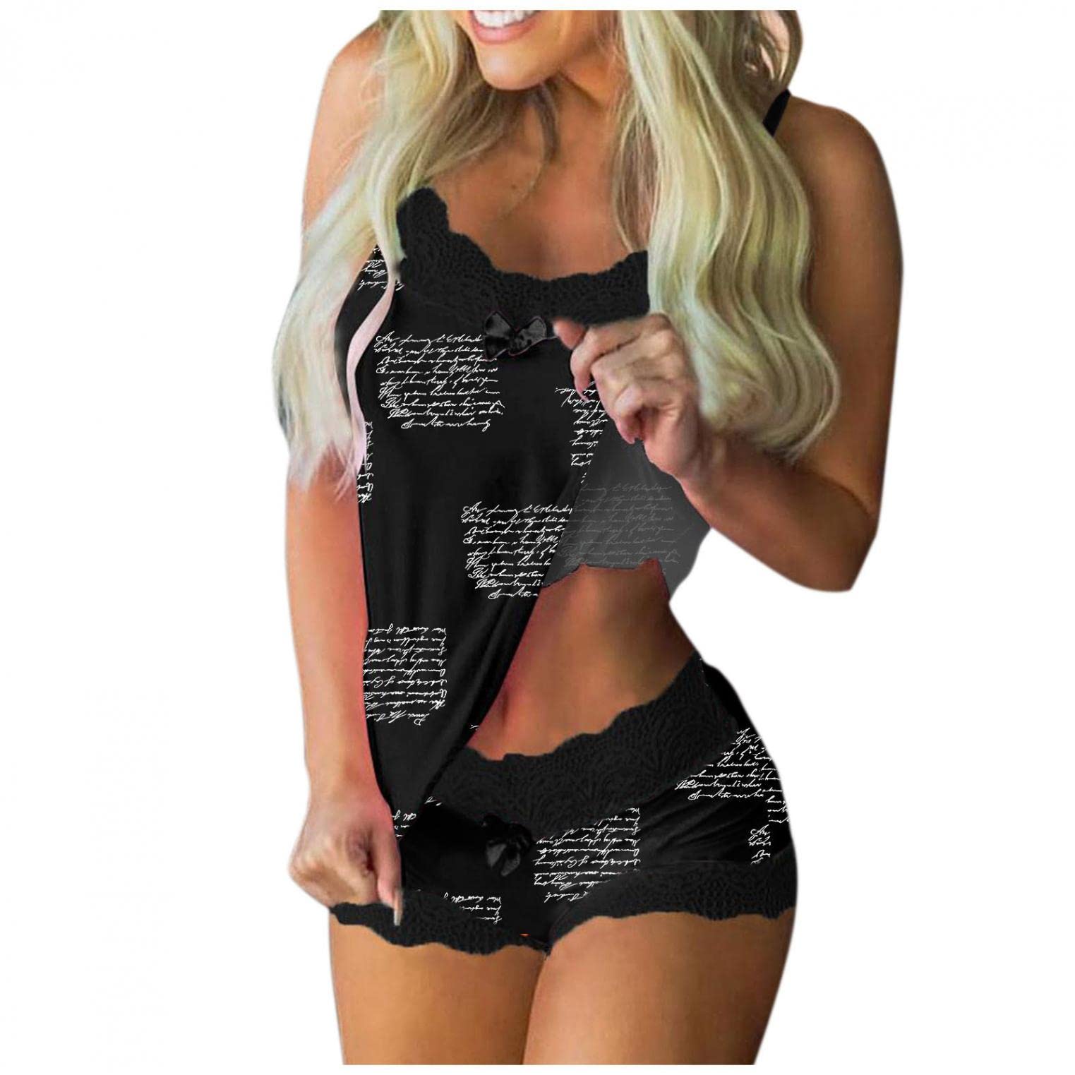 Women's Sexy Lace Pajama Set - Cute Printed Cami & Shorts for Sleepwear & Lounge
