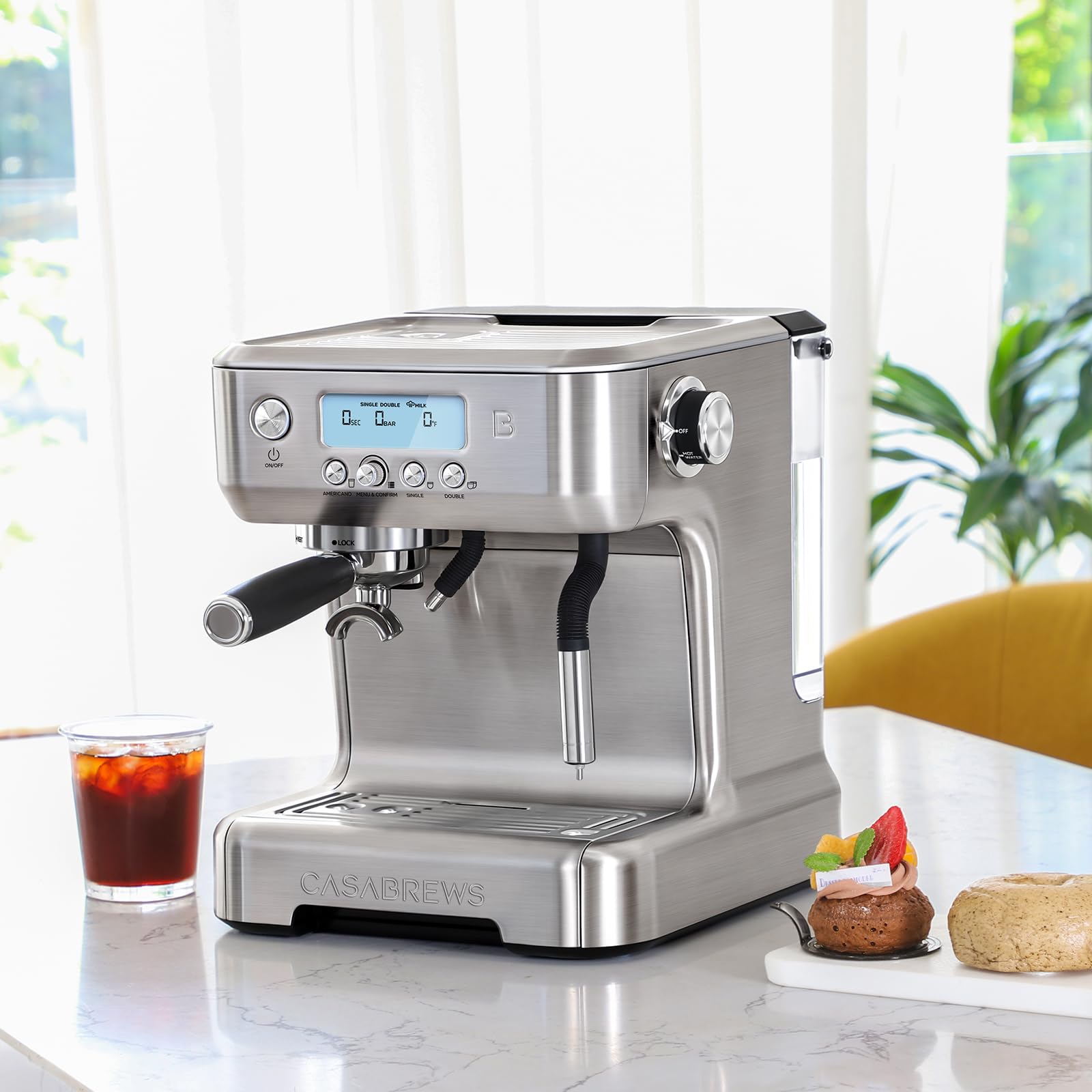 CASABREWS 20 Bar Professional Espresso Machine with Automatic Milk Frother & Dual Boiler System - LCD Display Cappuccino Latte Maker with Hot Water Function for Americano (Silver) - Perfect for Home Baristas & Coffee Enthusiasts