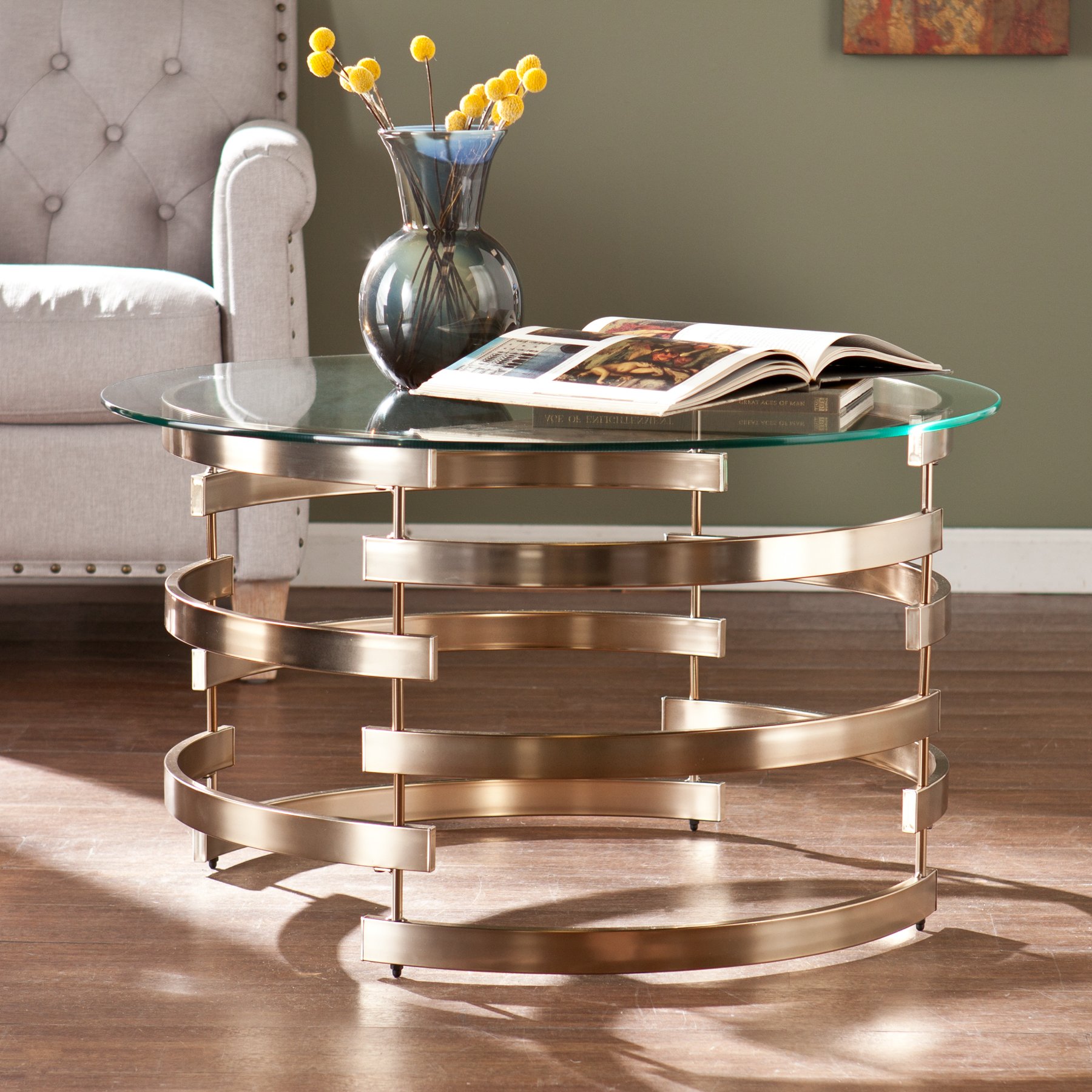 SEI Furniture Belmar Modern Round Glass Top Coffee Table - 32 Inch Diameter, 18.5 Inch Height, Champagne Gold Finish - Perfect for Living Room, Lounge, Office Waiting Area