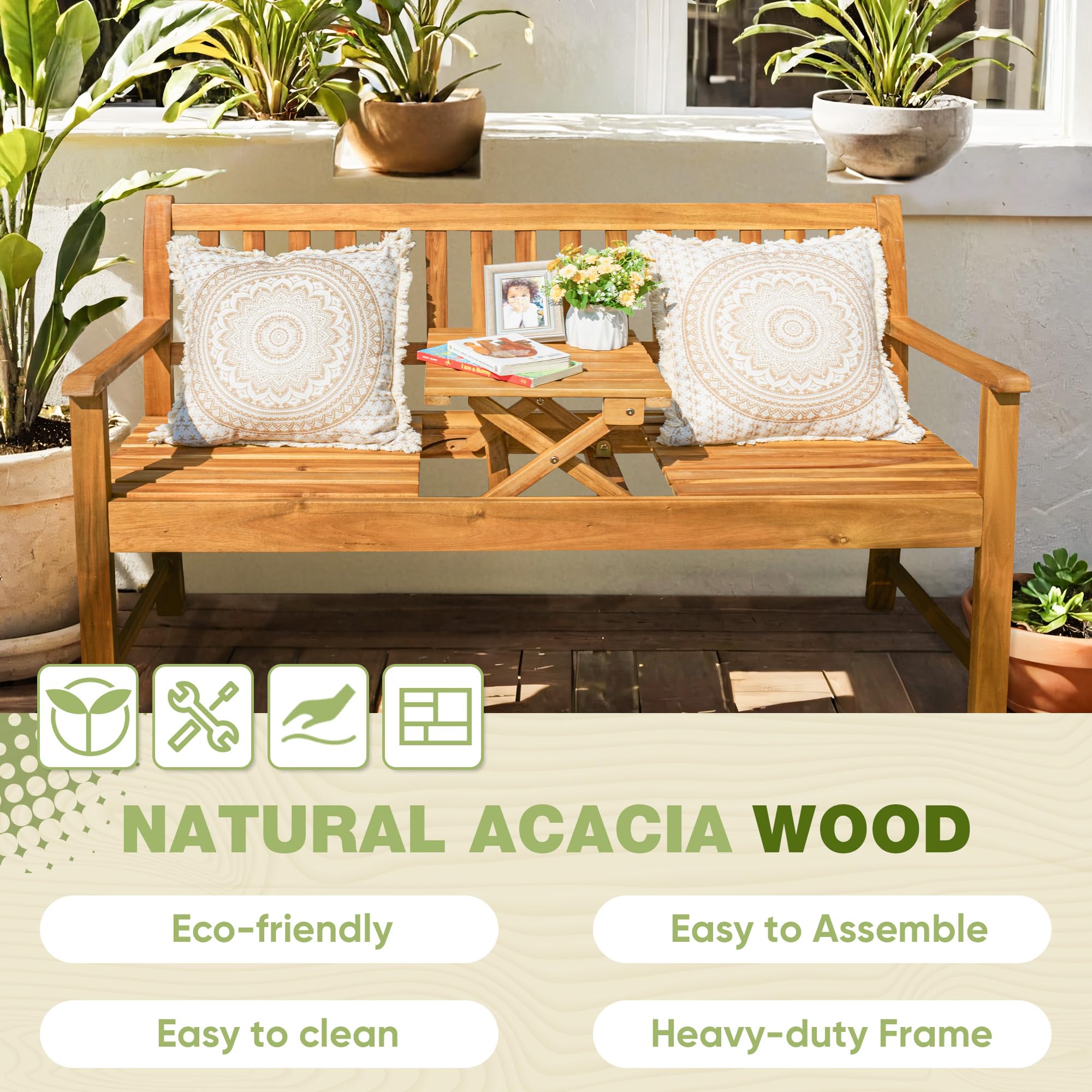 Greesum Acacia Wood Patio Loveseat Conversation Set with Foldable Side Table - All-Weather Outdoor Bench for Porch, Garden, Backyard & Poolside - Perfect for Relaxing, Entertaining & Enjoying Nature