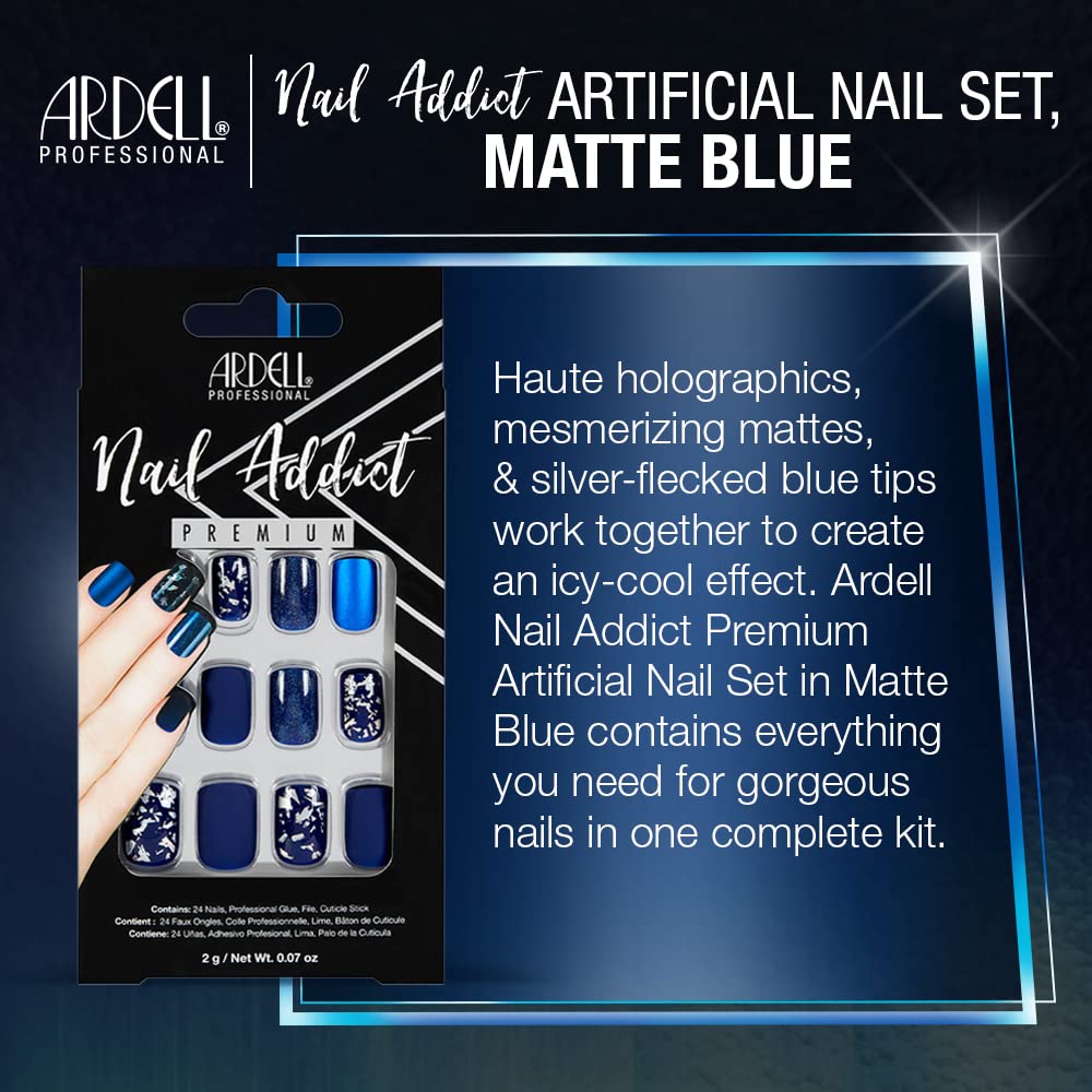 Ardell Nail Addict Premium Artificial Nail Set - Matte Blue Press On Nails for Women, Reusable Fake Nails with Glue | Perfect for Parties, Weddings, and Everyday Wear