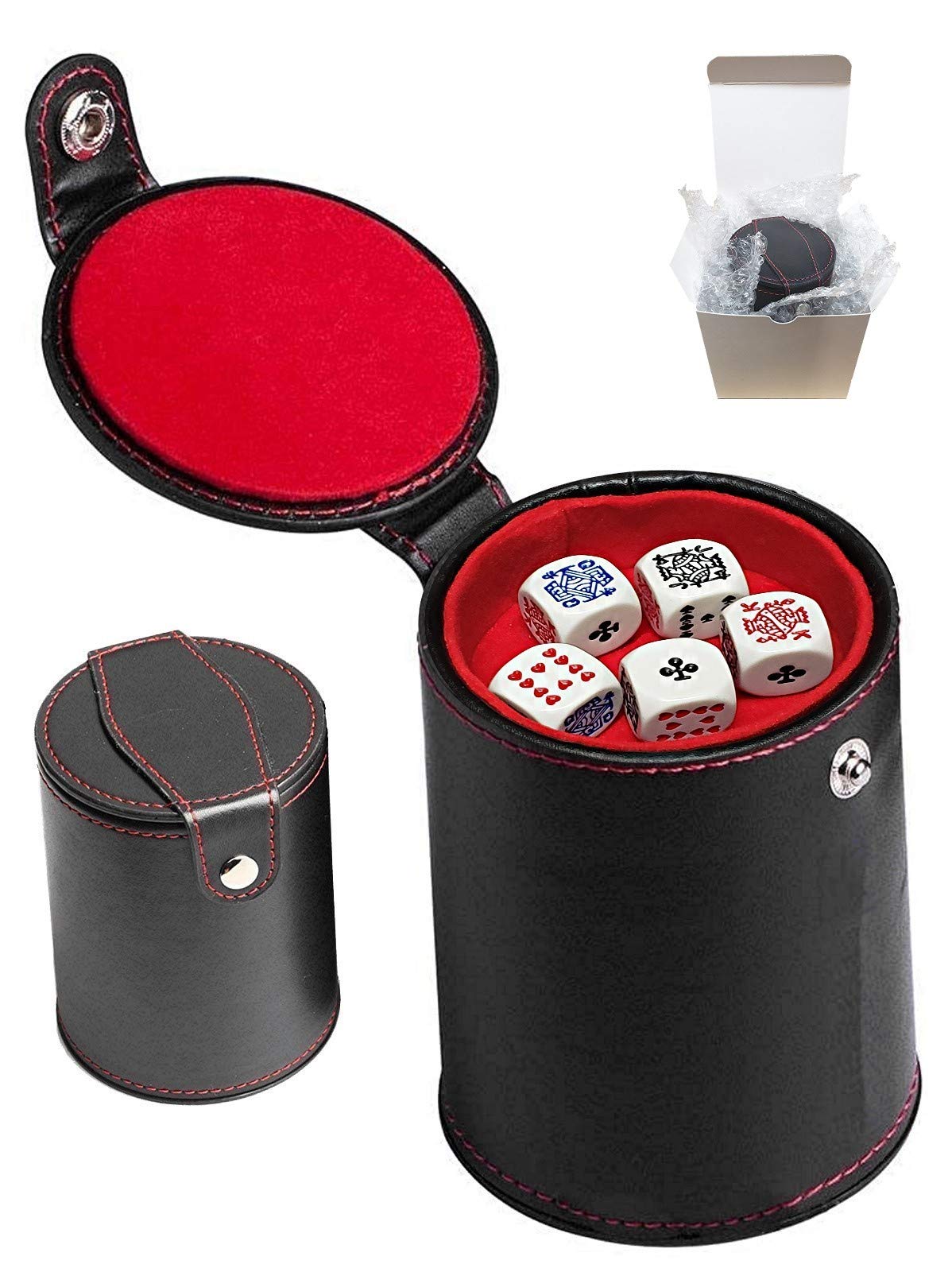 Black PU Leather Dice Cup Set with 5 Poker Dice - Gift Boxed for Casino & Board Games