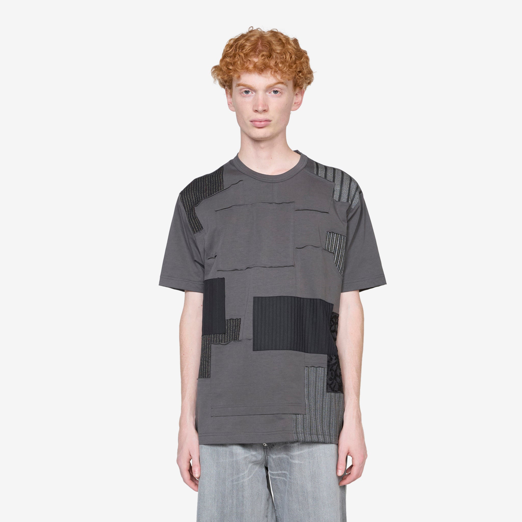 Stylish Multi-Fabric Patchwork T-Shirt in Grey Mix - Trendy Casual Wear for Men & Women - Perfect for Everyday Outfits, Street Style & Layering