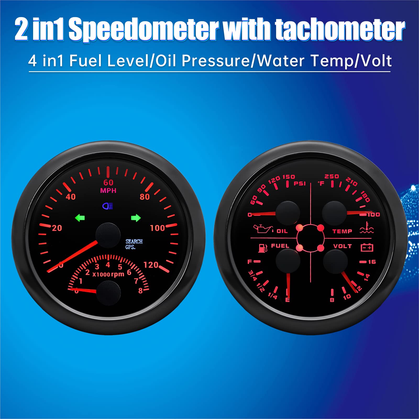 ARTILAURA 4-in-1 GPS Speedometer Gauge Set with Tachometer, Fuel Level, Water Temperature & Oil Pressure - Universal Digital Dashboard Display for Cars, Boats, Trucks & Marine Vehicles (Black) | Perfect for Road Trips, Marine Navigation & Vehicle Performance Monitoring