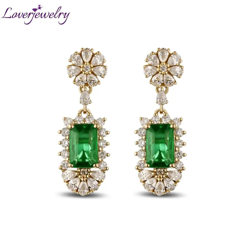 14K Yellow Gold Natural Emerald & Diamond Drop Earrings for Women | 585 Gold Fine Jewelry | Elegant Party & Wedding Gift for Her