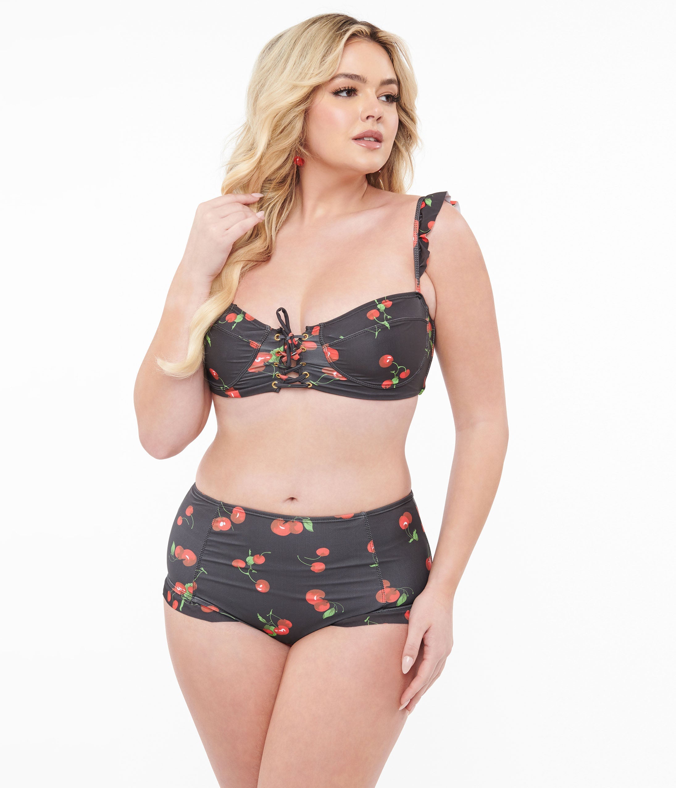 Black & Cherry Print Two Piece Swim Set - Stylish Bikini for Women, Summer Beach Vacation, Pool Party, and Tropical Getaways