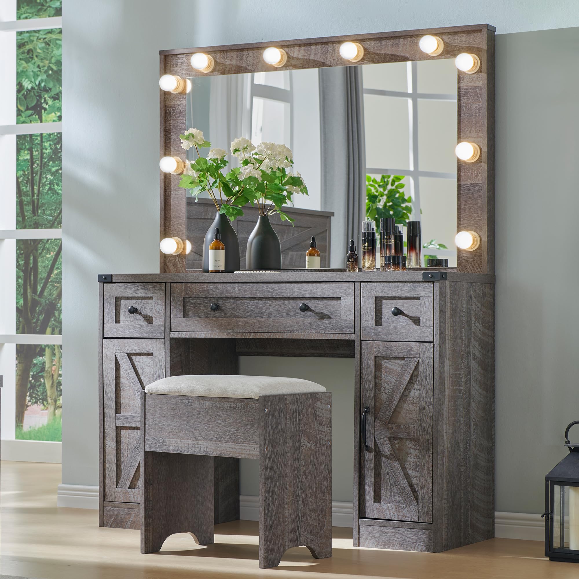 Farmhouse Makeup Vanity Desk with Mirror and Lights - 43