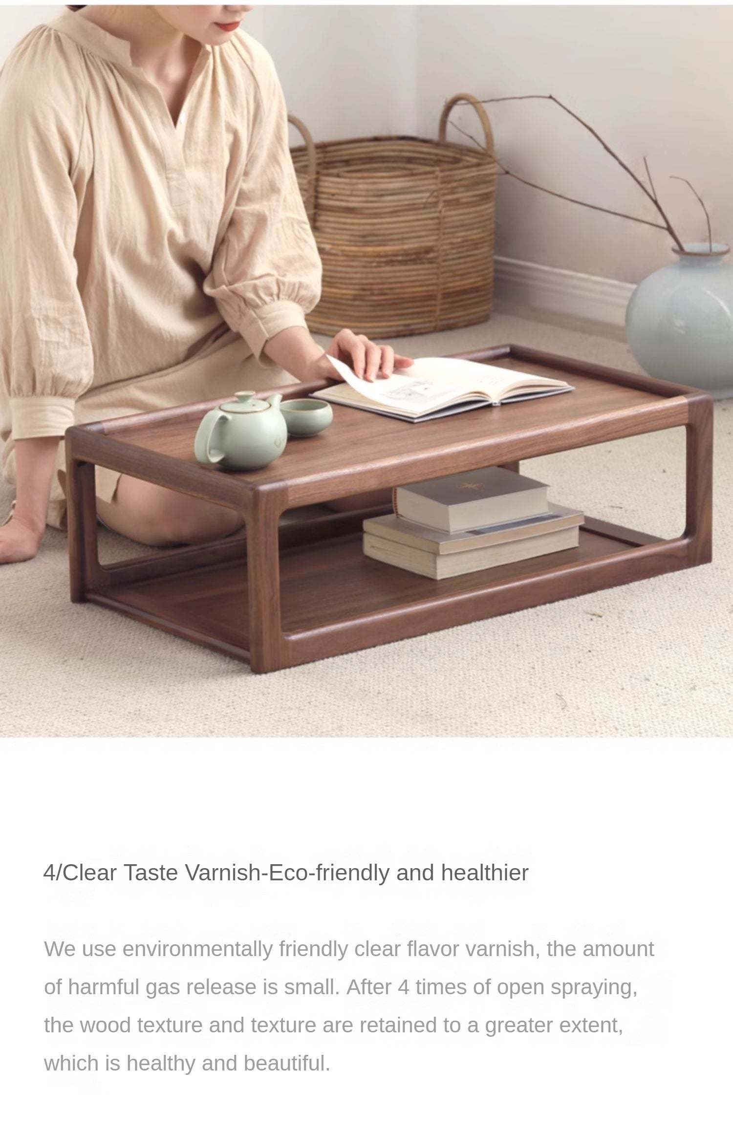Premium Black Walnut, Ash & Oak Solid Wood Japanese Tatami Tea Table - Traditional Zen Style Low Table for Tea Ceremony, Meditation & Living Room Decor
