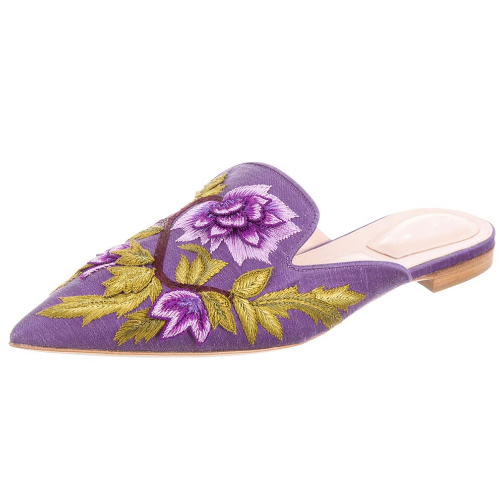 Women's Pointed Toe Backless Slip-On Loafers - Embroidered Mule Flats for Women - Comfortable Slipper Shoes for Home, Office & Casual Wear