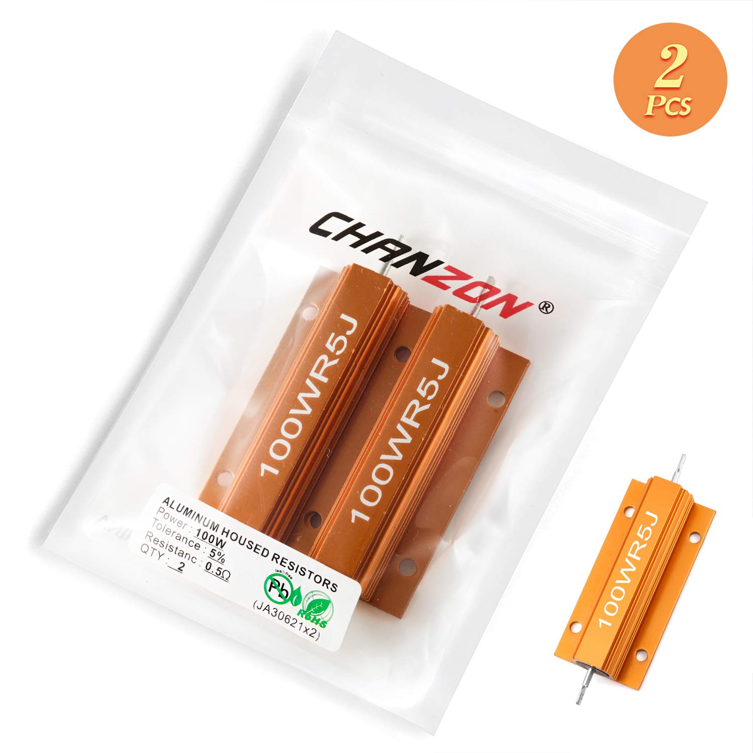 Chanzon 2pcs 100W 0.5 Ohm Wirewound Aluminum Shell Resistor ±5% Tolerance 0.5R RoHS Certified for Power Supplies, Audio Amplifiers, and Industrial Equipment