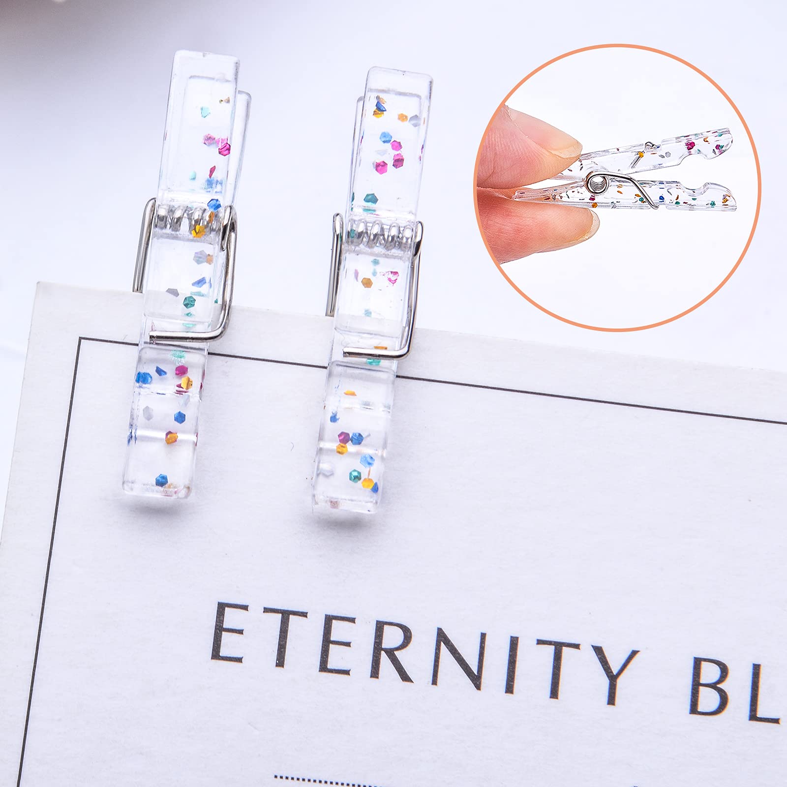 100pcs Transparent Plastic Clothespins with Glitter - 3.5cm Mini Clips for Crafts, Photos, Laundry & Christmas Decorations - Perfect for DIY Projects, Party Decor, and Home Organization