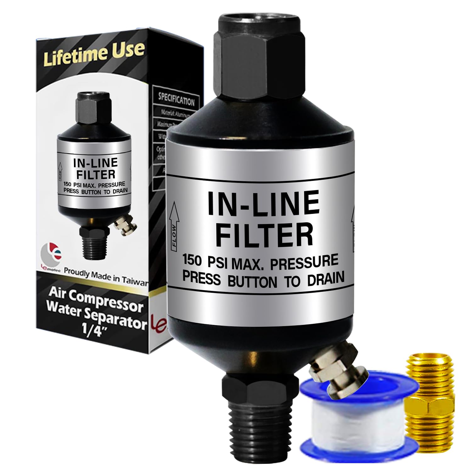 LE LEMATEC Air Compressor Water Separator - Inline Moisture Filter with Drain Valve for HVLP Spray Guns, Sandblasters & Air Tools | Prevents Rust in Painting, Sandblasting & Metal Cutting (AI303-C1)
