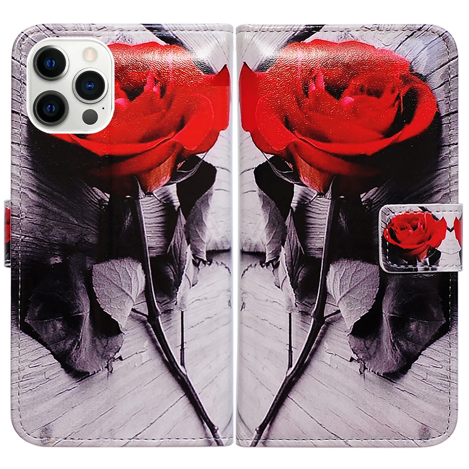 Premium Red Rose Flower Leather Flip Wallet Case for iPhone 13 Pro Max with Card Slots & Kickstand - Stylish Protection for Work, Travel & Daily Use