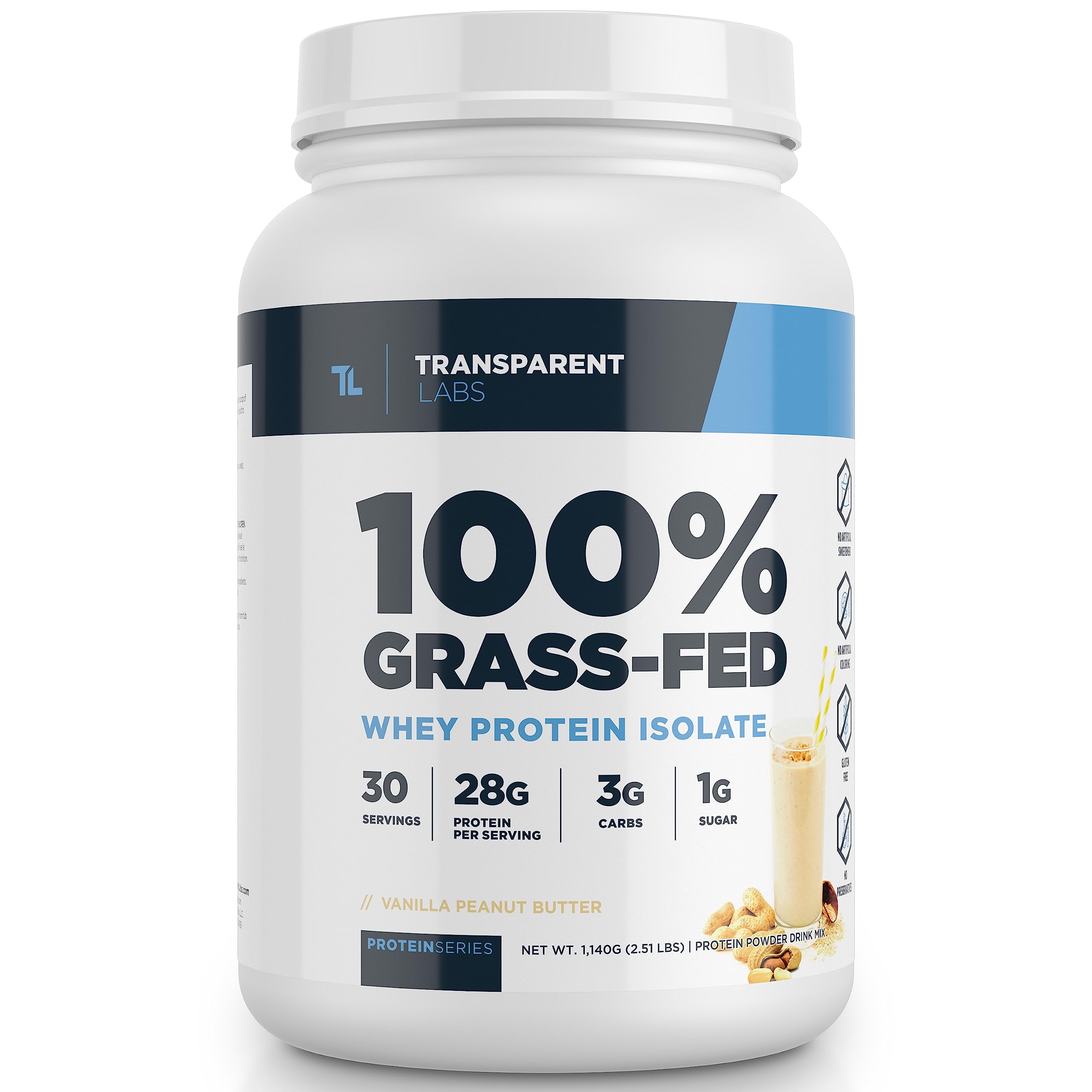 Transparent Labs Grass-Fed Whey Protein Isolate Powder - 28g Protein per Serving, Vanilla Peanut Butter Flavor, Gluten Free, 30 Servings - Ideal for Post-Workout Recovery, Muscle Building & Healthy Lifestyle