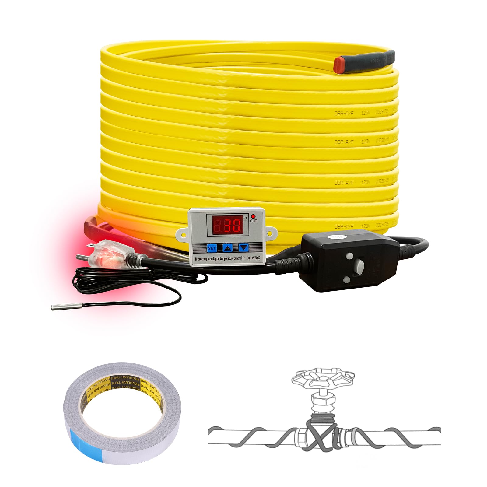 Self-Regulating Heat Tape for Water Pipes 60FT - Digital Display Thermostat, Freeze Protection & Roof Deicing Cable for Metal/Plastic Pipes, RV Water Hose - Ideal for Home, RV & Outdoor Winter Use