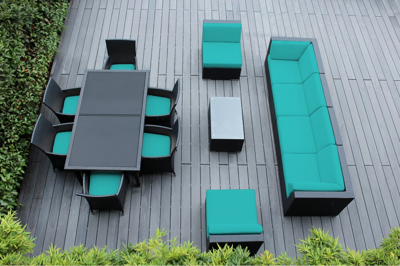 Ohana 14-Piece Outdoor Sectional Sofa and Dining Wicker Patio Furniture Set with Free Cover - Turquoise | Durable Rattan Furniture for Backyard, Poolside & Garden Relaxation