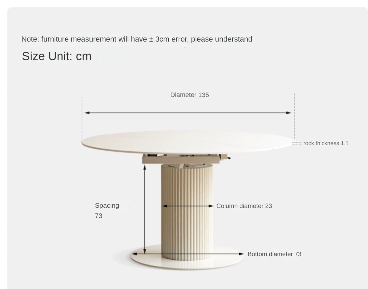 Solid Oak Wood Round Extendable Dining Table with Rock Plate Design - Cream Finish for Modern Dining Room & Kitchen Decor