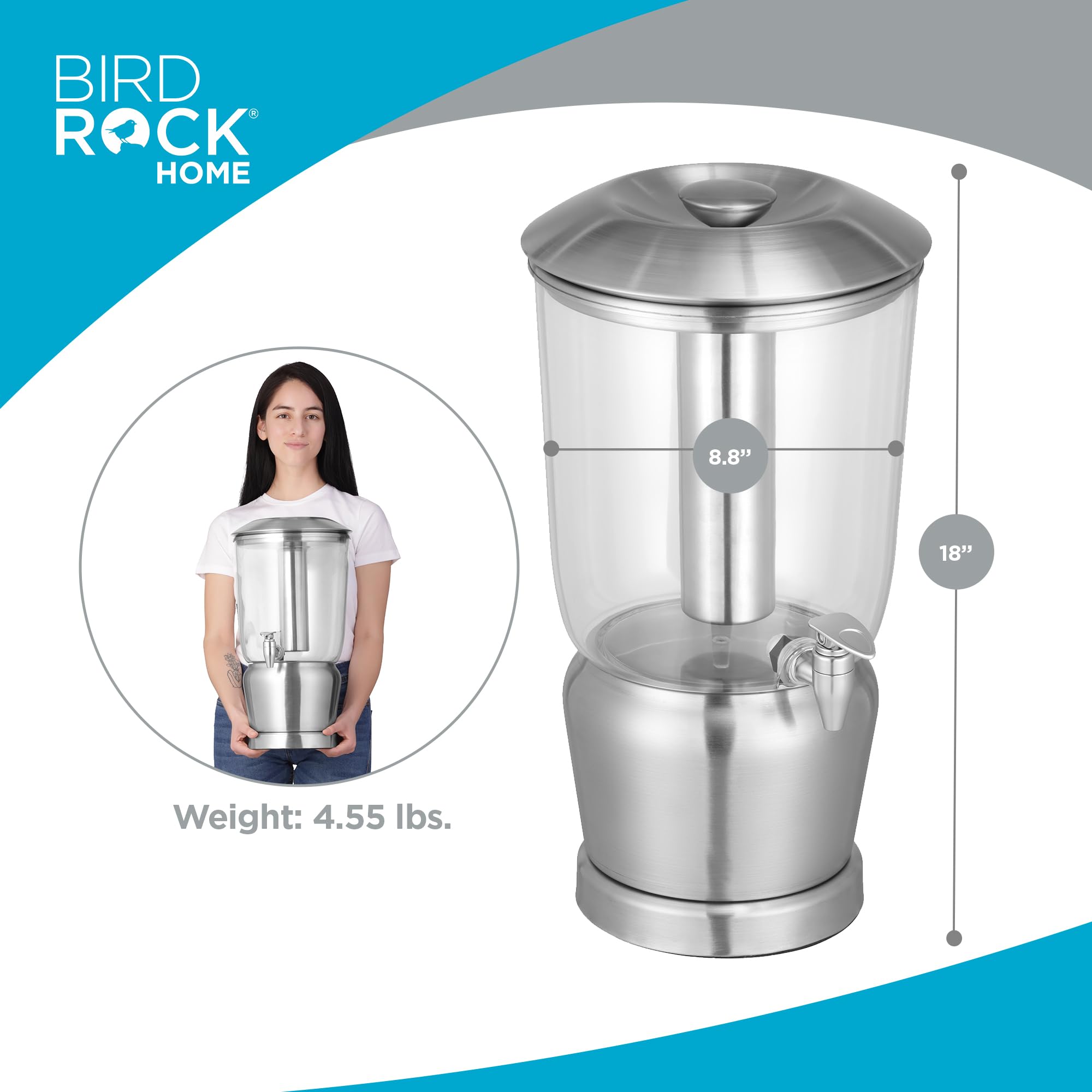 BirdRock Home 1.5 Gallon Stainless Steel Beverage Dispenser with Ice Core, Stand & Spigot - Round BPA-Free Clear Acrylic Drink Dispenser for Parties, BBQs, and Outdoor Events