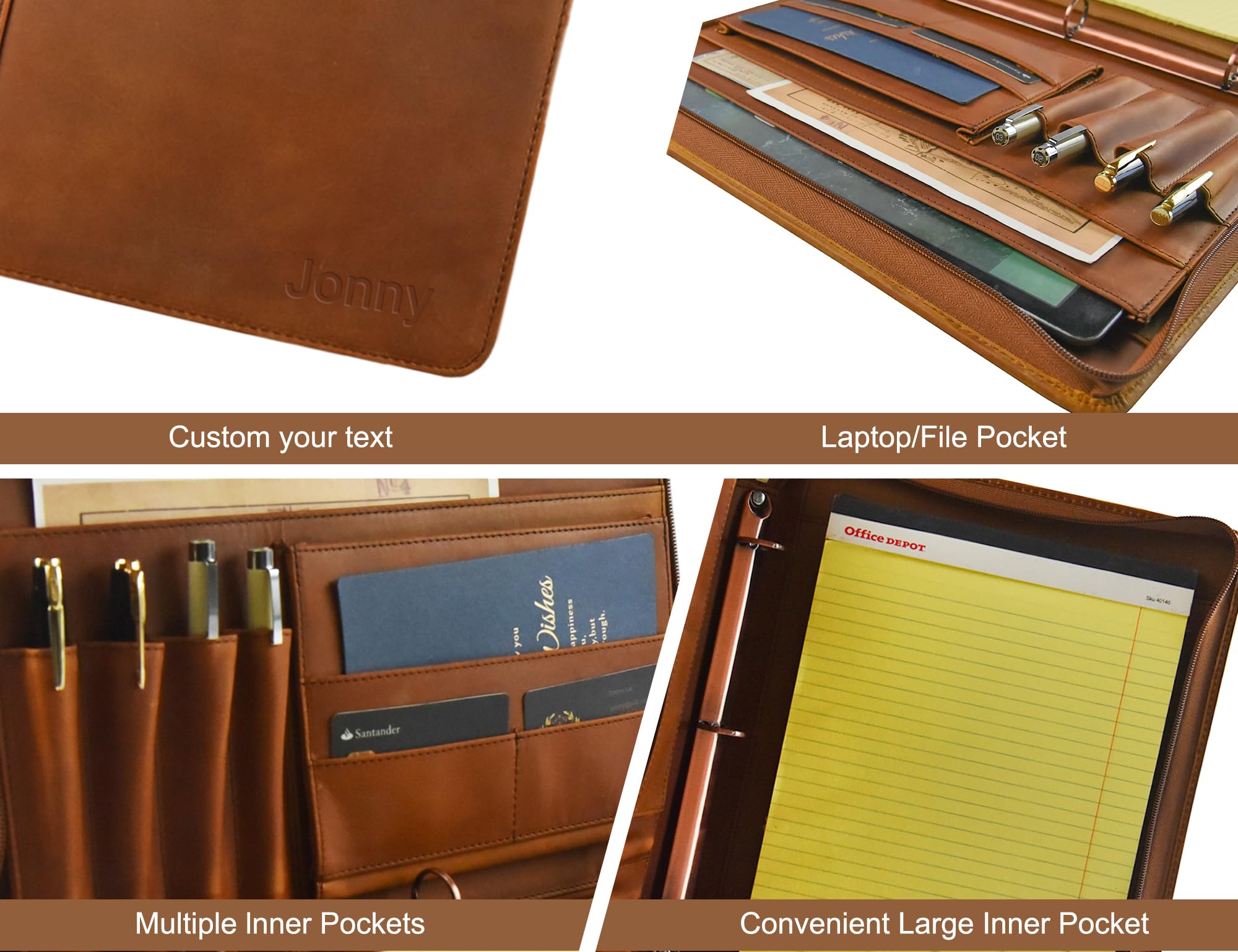 Personalized Leather Portfolio Binder for Men & Women - Free Name Engraving, Custom 3-Ring Zippered Business Organizer, Handmade Professional Padfolio Folder (Brown) - Perfect Office Gift for Executives & Graduates