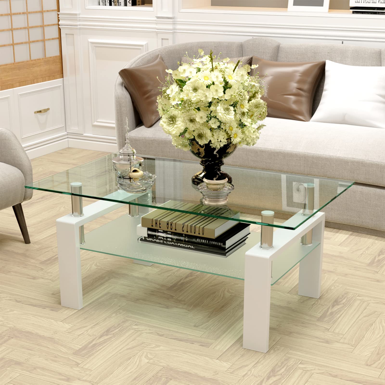 Modern White Tempered Glass Coffee Table with Storage Shelf & Metal Frame - Stylish Living Room Side Table for Home Decor & Small Space Organization