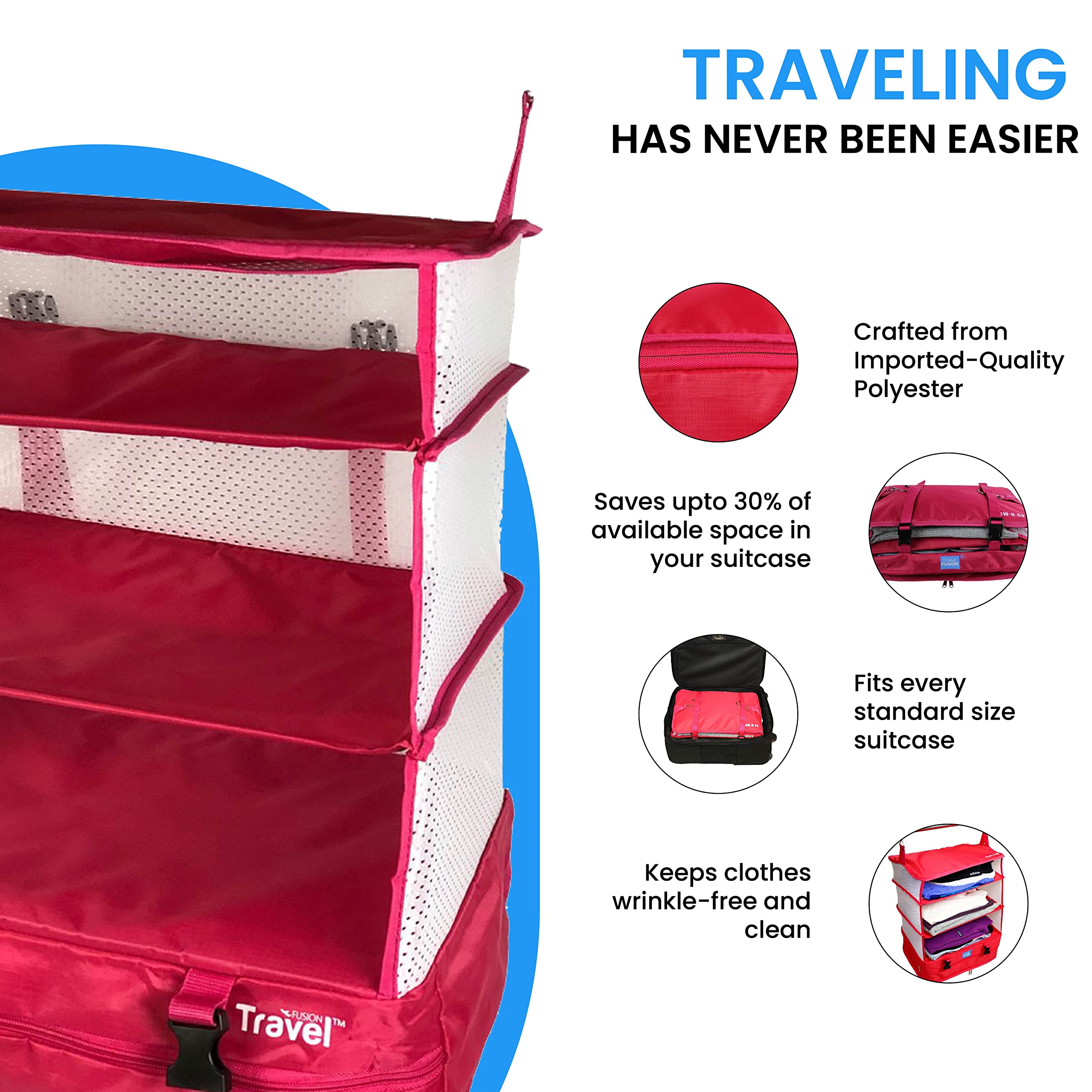 Grand Fusion Stow-N-Go Portable Hanging Travel Shelves - Expandable Packing Organizer for Luggage & Carry-On Closet (Pink, XL 17.7