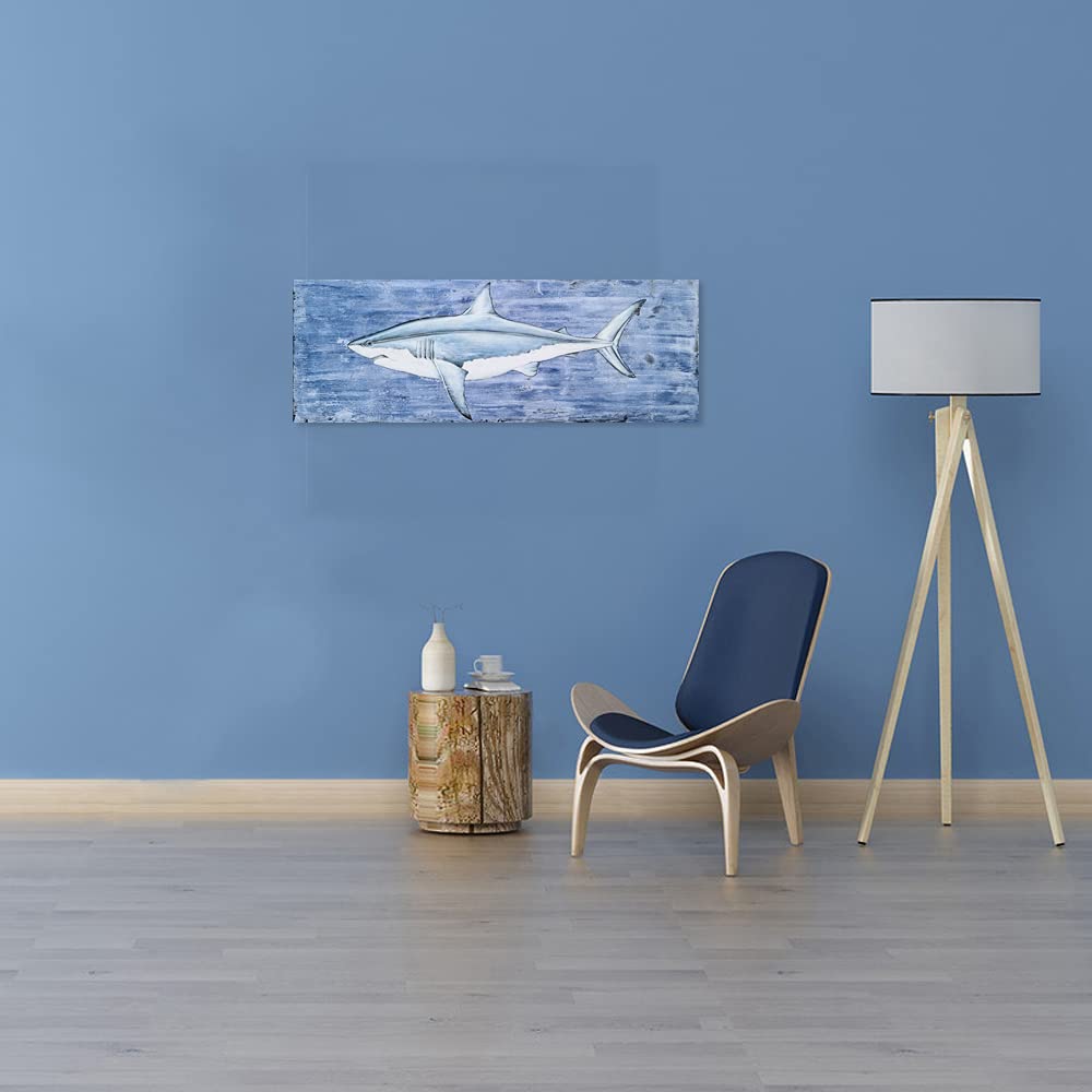Hand Painted Coastal Canvas Wall Art - Modern Abstract Blue & White Fish & Shark Paintings - Textured Contemporary Ocean Themed Decor for Living Room, Bedroom, Bathroom - Perfect for Beach House, Office & Nautical Interior Design