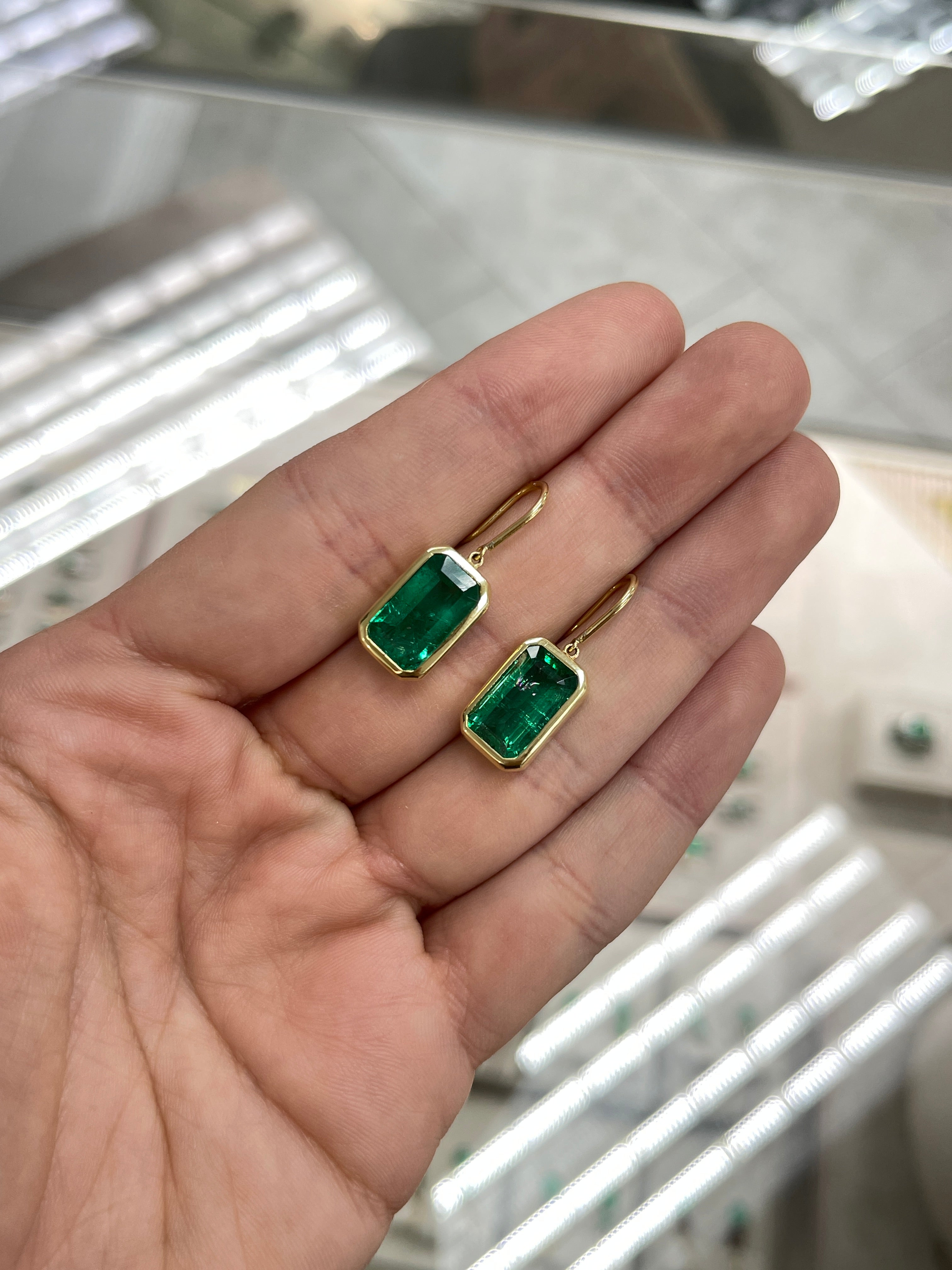 7.90tcw Deep Green Natural Emerald Bezel Set Drop & Dangle Hook Earrings in 18K Gold - Elegant Jewelry for Weddings, Parties & Special Occasions