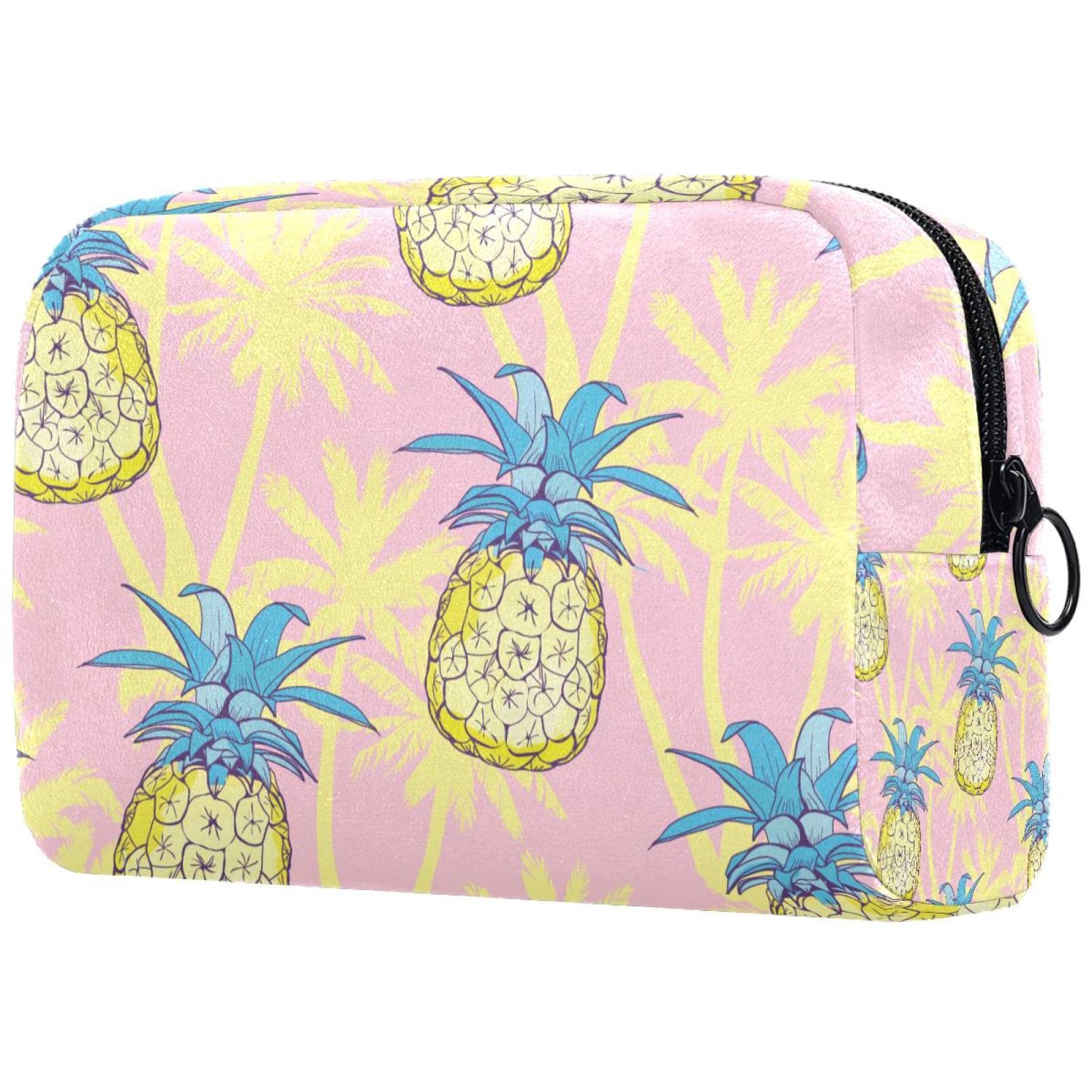 Waterproof Tropical Pineapple Palm Trees Makeup Pouch with Zipper - Large Capacity Cotton Cosmetic Bag for Women & Girls - Perfect for Travel, Business Trips, Gym & Daily Essentials Organization