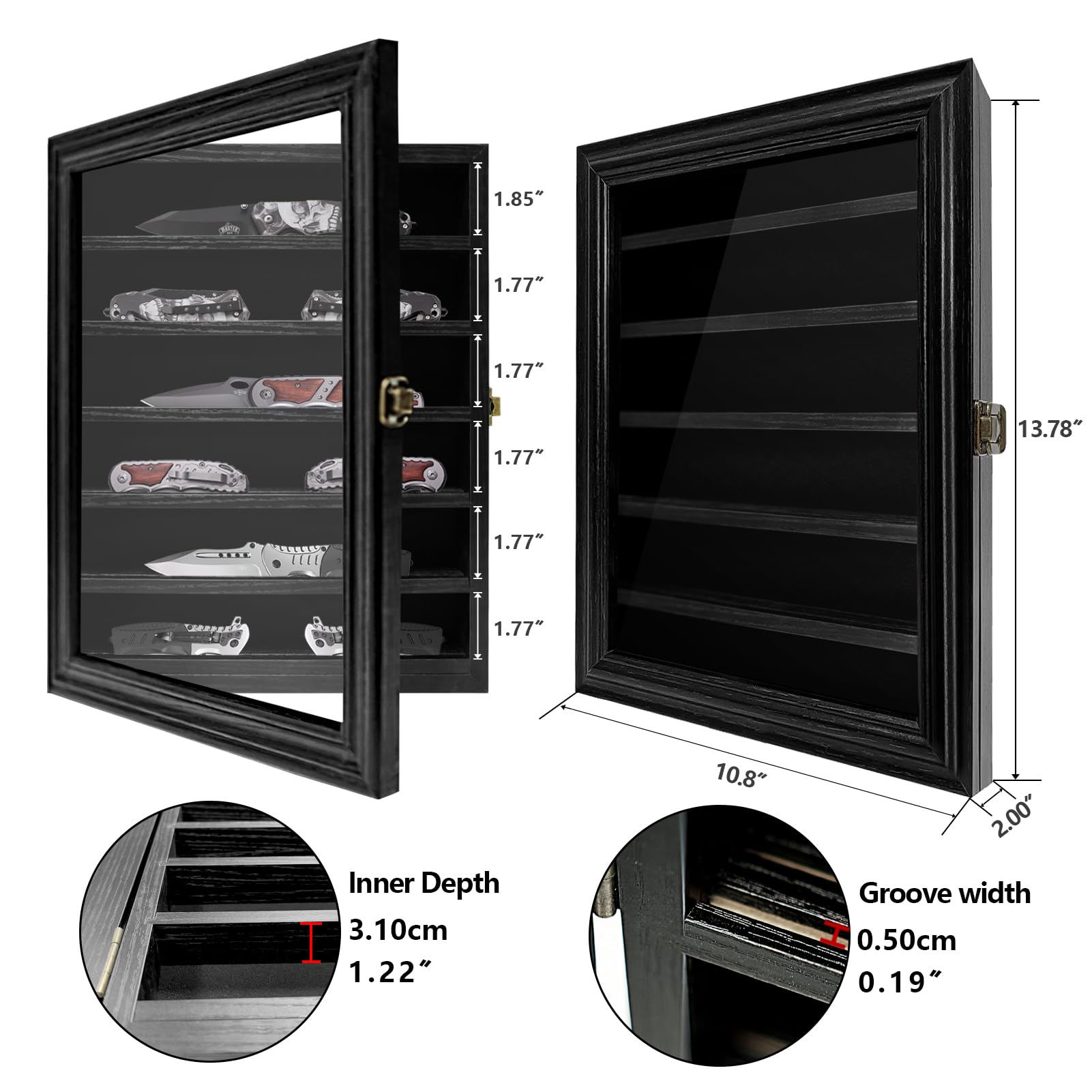 Premium Wooden Knife Display Case with Lockable HD Tempered Glass - 6-Layer Wall Mounted Storage Cabinet with Adjustable Shelves for Chef Knives, Hunting Knives & Collectibles - Perfect for Kitchen, Restaurant, or Collector's Room Display