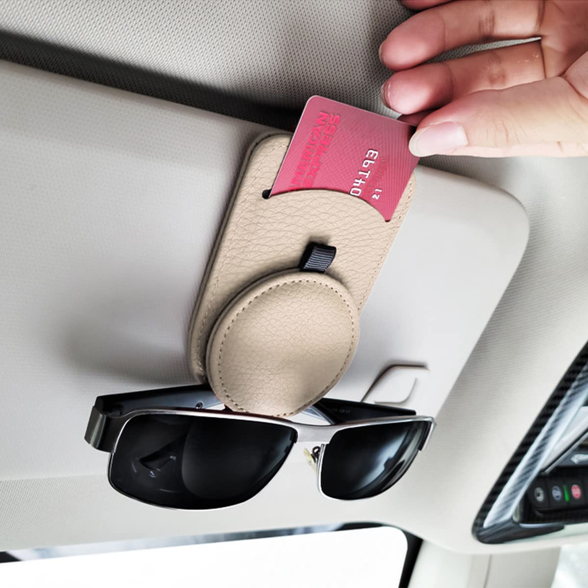Fekey&JF Magnetic Leather Car Sunglass Holder - Strong Magnet Clip for Sun Visor, Eyeglasses Storage Mount for Cards & Accessories (Beige) | Perfect for Driving, Travel & Organizing Glasses in Vehicle