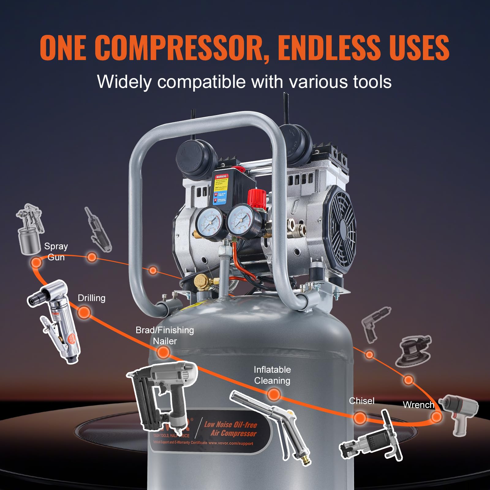 VEVOR 13 Gallon 2HP Oil-Free Air Compressor, 4.6 SCFM @90PSI, 66dB Ultra Quiet, 125PSI Max Pressure - Perfect for Tire Inflation, Auto Repair, Woodworking, Nailing, Spray Painting & DIY Projects
