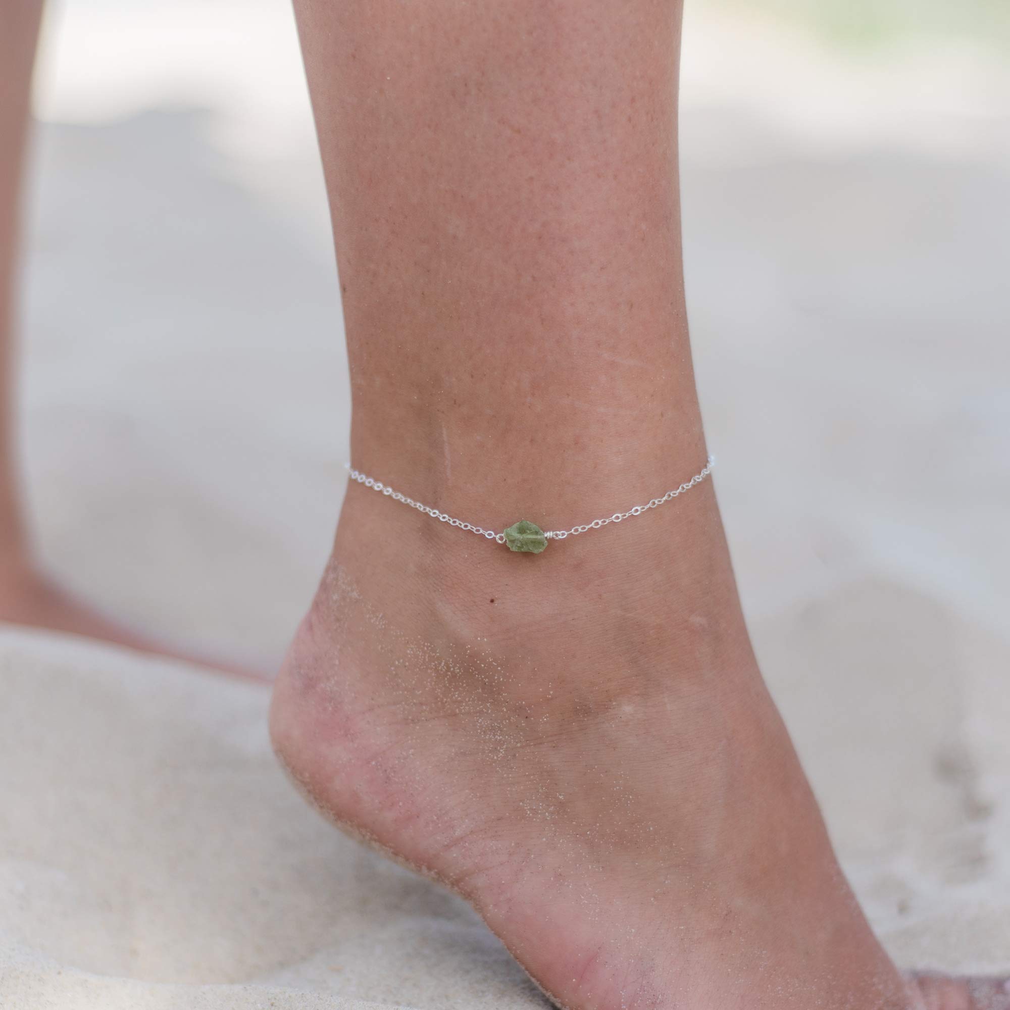 Luna Tide Peridot Raw Nugget Sterling Silver Anklet - Natural Gemstone Jewelry for Boho Fashion & Beach Outfits