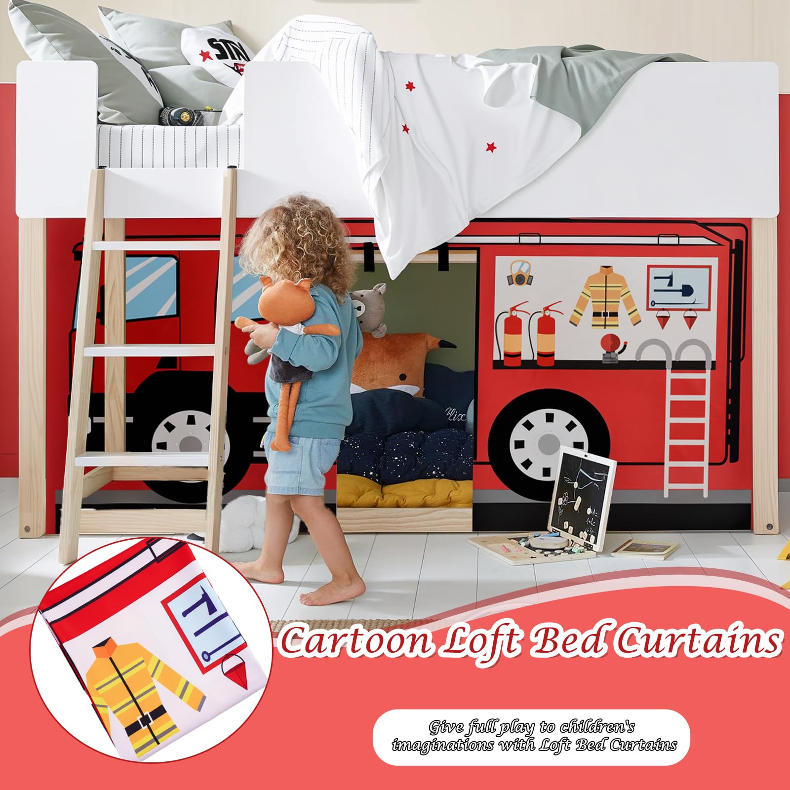Fire Truck Bunk Bed Curtains - Premium Customizable Cartoon Loft Bed Curtains for Kids (3PCS, Twin Size) | Enhance Imagination & Room Decor | Perfect for Themed Bedrooms, Playrooms & Kids' Sleepovers