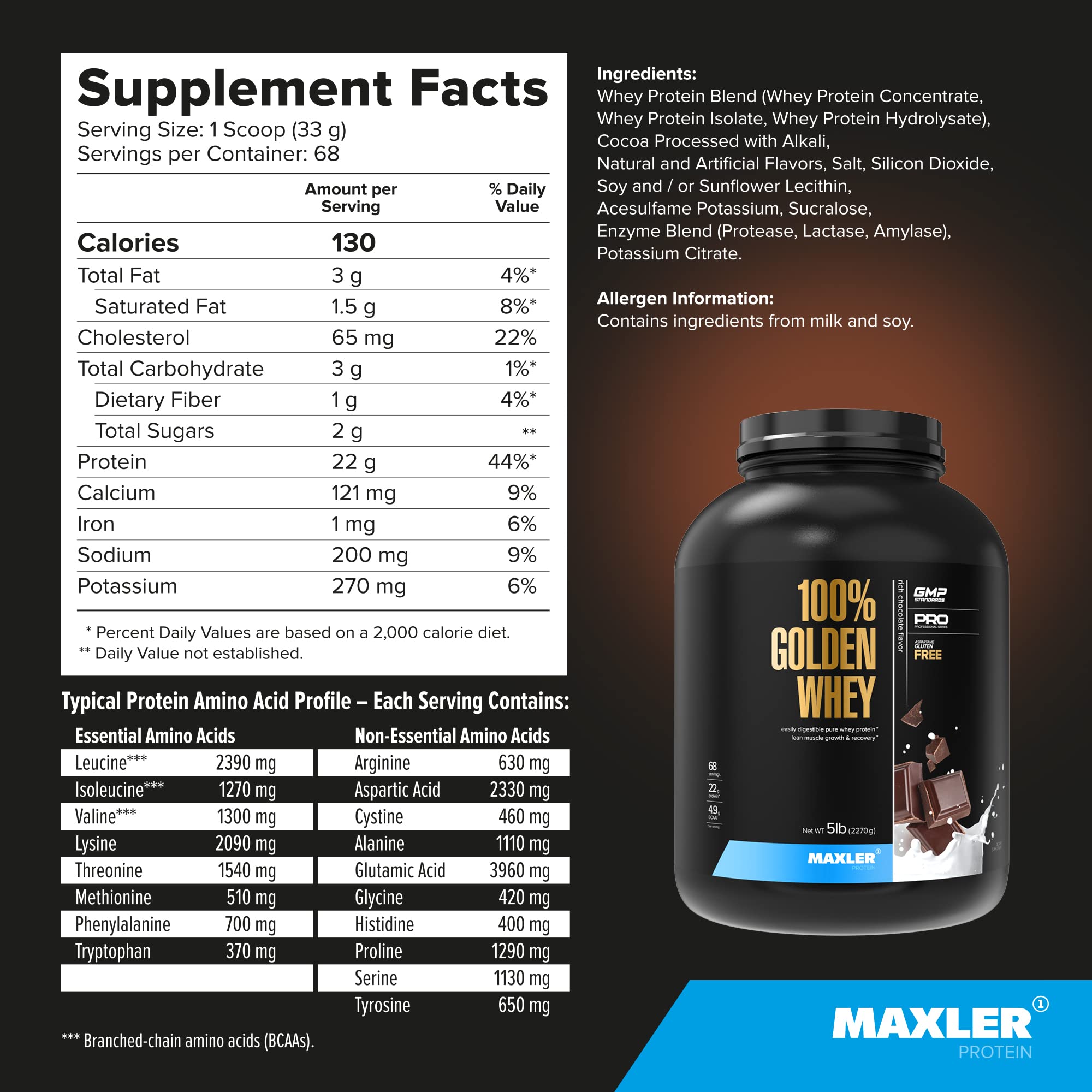 Maxler 100% Golden Whey Protein Powder - 22g Protein per Serving, Low Fat & Low Carb with Complete Amino Acid Profile - Rich Chocolate Flavor, 5 lbs for Post-Workout Recovery & Muscle Building