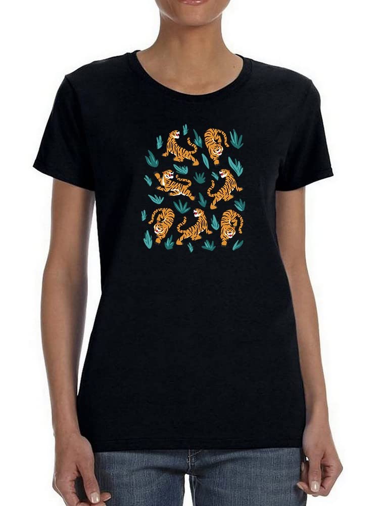 Women's Tigers and Plants Graphic T-Shirt - SmartPrintsInk Designs Black | Casual Wear, Street Style & Nature Lover Outfit