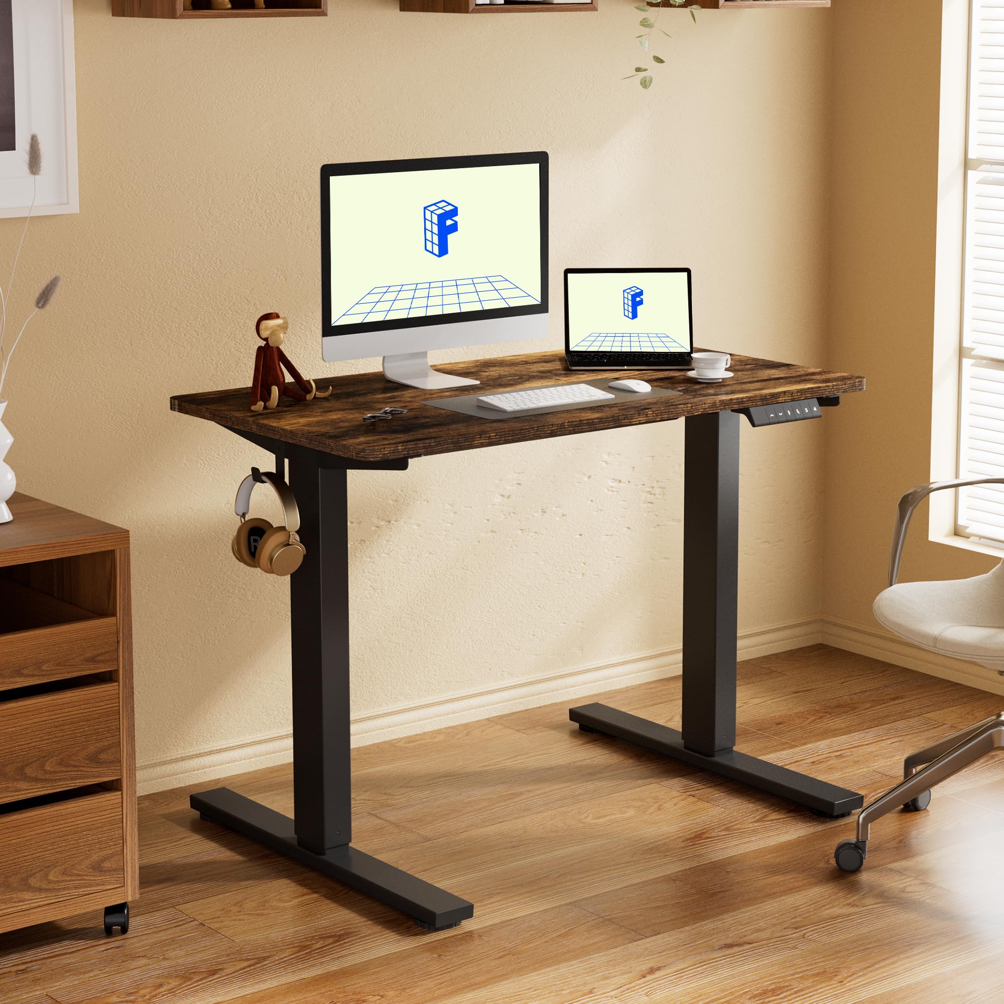 Flexispot Electric Height Adjustable Standing Desk - 48x24 Inches Whole-Piece Desktop, Black Frame with Rustic Finish for Home Office | Ergonomic Sit Stand Workstation for Productivity & Comfort